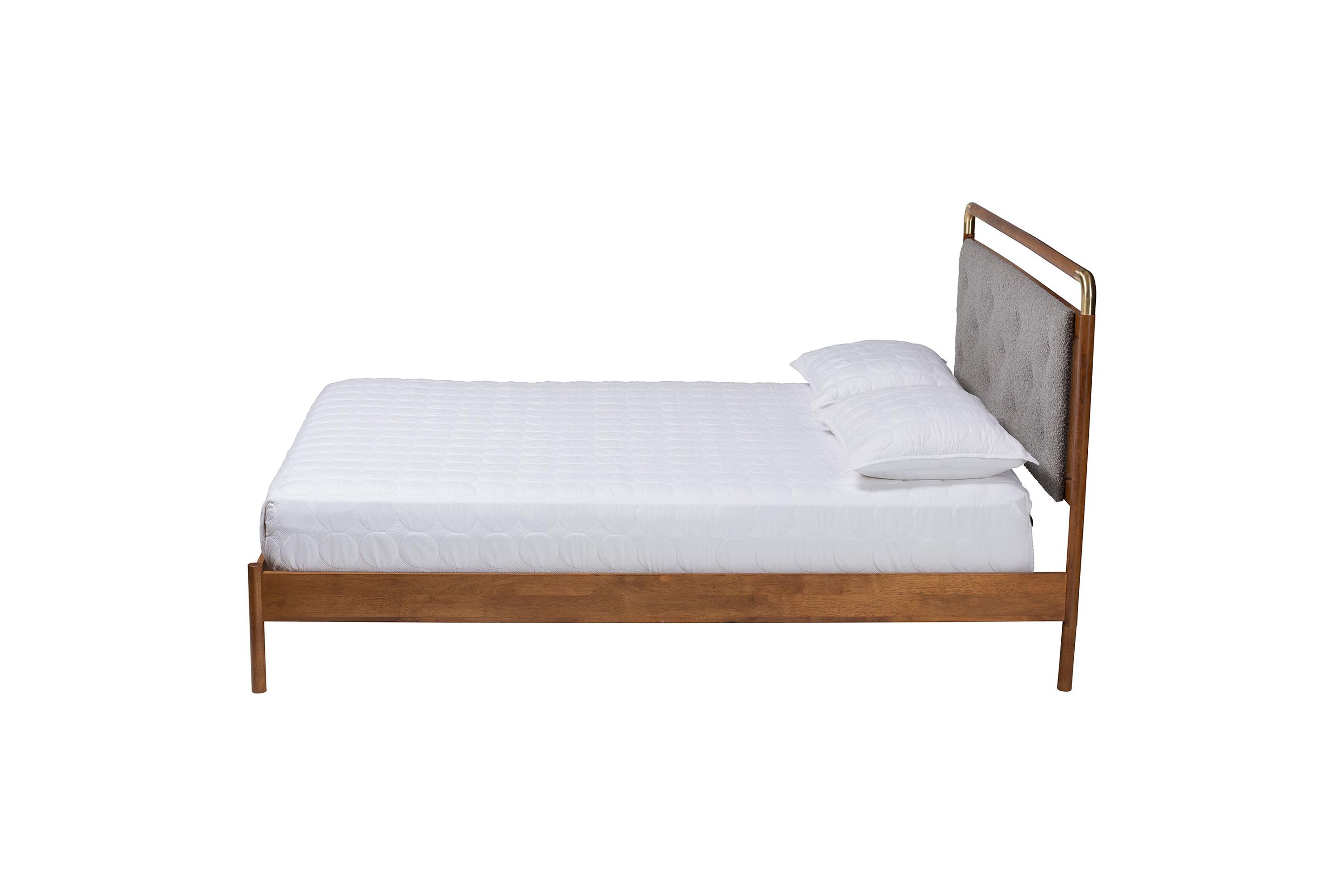 Edwina Mid-Century Light Grey Boucle Fabric and Walnut Brown Wood Queen Size Platform Bed