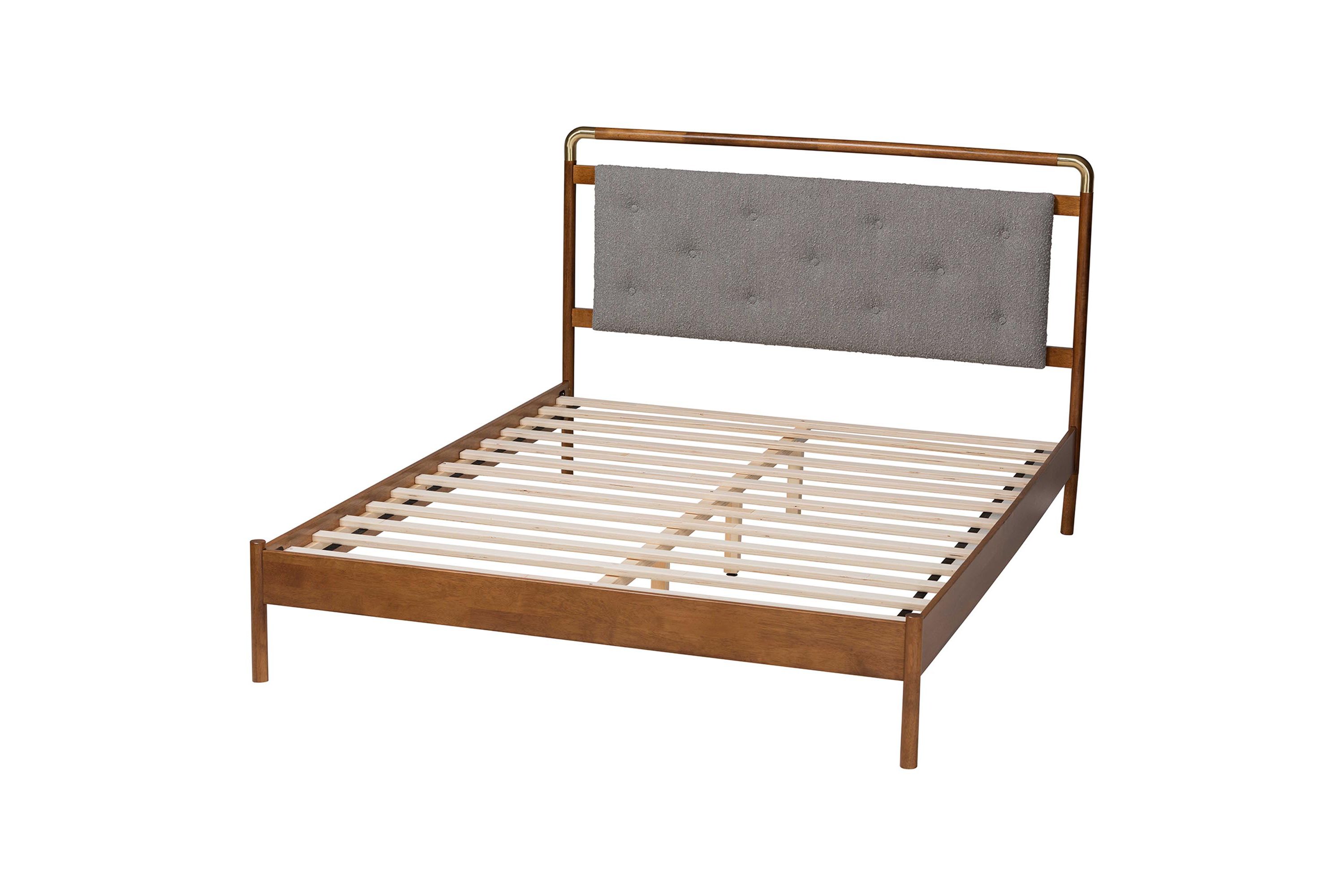 Edwina Mid-Century Light Grey Boucle Fabric and Walnut Brown Wood Queen Size Platform Bed