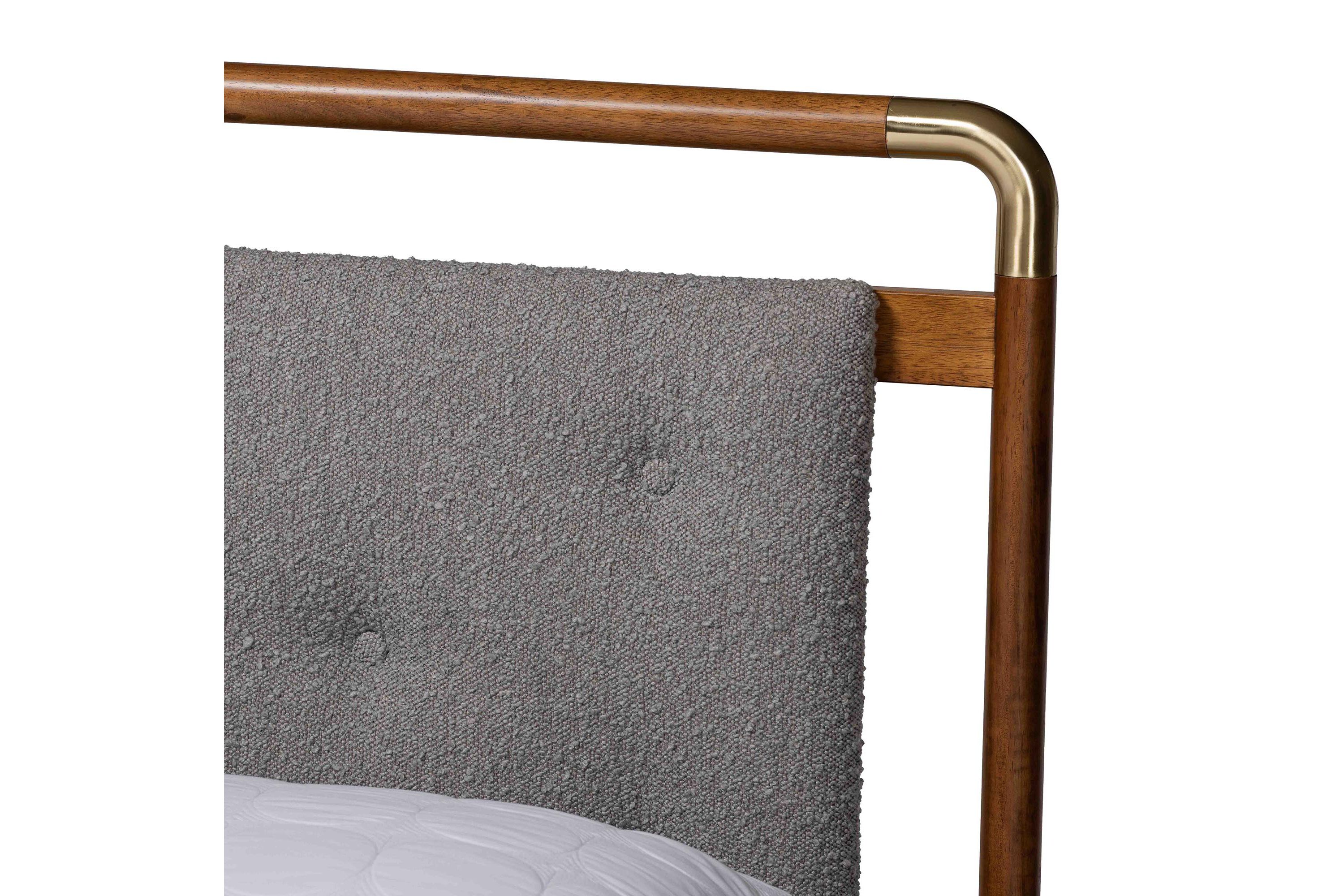 Edwina Mid-Century Light Grey Boucle Fabric and Walnut Brown Wood Queen Size Platform Bed