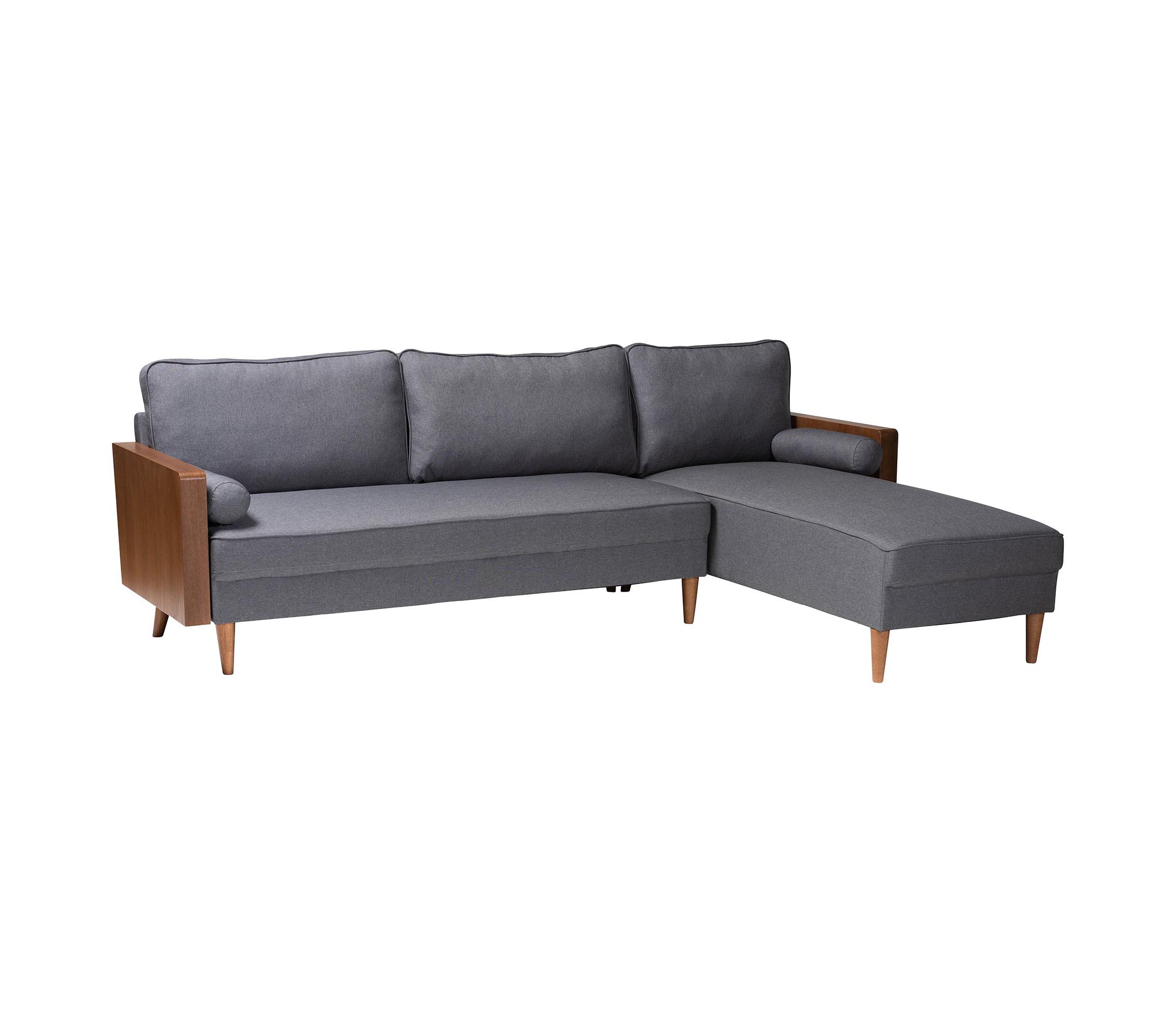 Harleson Mid-Century Modern Grey Fabric and Walnut Brown Wood Right Facing Sectional Sofa