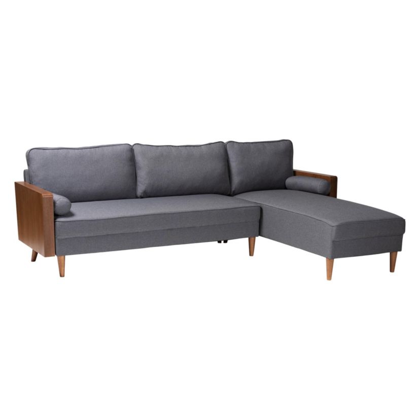 Harleson Mid-Century Modern Grey Fabric and Walnut Brown Wood Right Facing Sectional Sofa