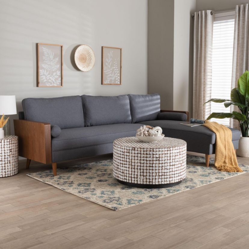 Harleson Mid-Century Modern Grey Fabric and Walnut Brown Wood Right Facing Sectional Sofa