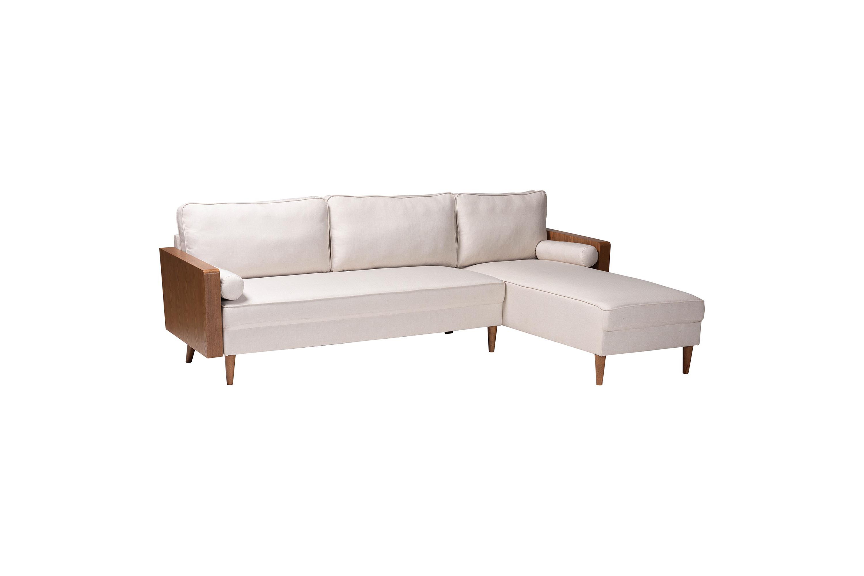 Harleson Mid-Century Modern Beige Fabric and Walnut Brown Wood Right Facing Sectional Sofa