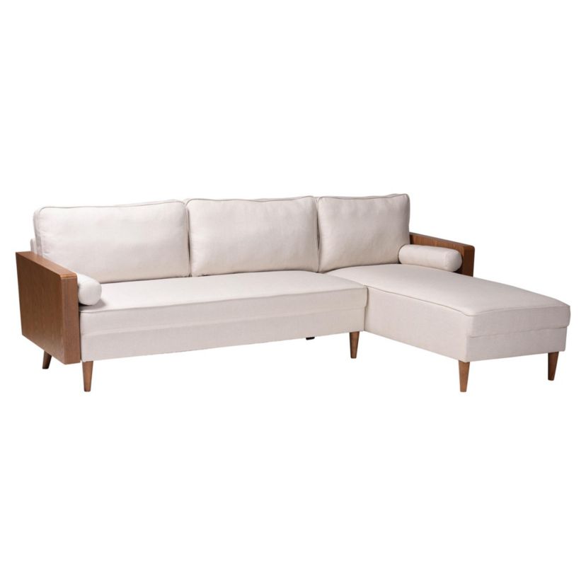 Harleson Mid-Century Modern Beige Fabric and Walnut Brown Wood Right Facing Sectional Sofa