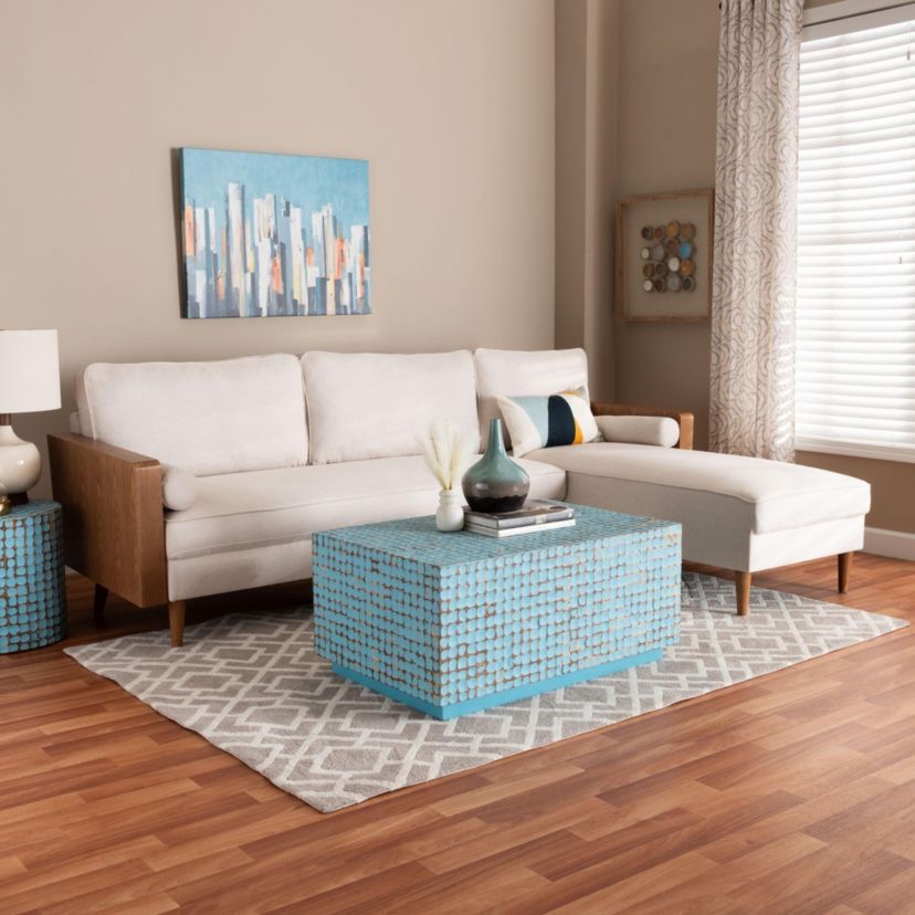 Harleson Mid-Century Modern Beige Fabric and Walnut Brown Wood Right Facing Sectional Sofa