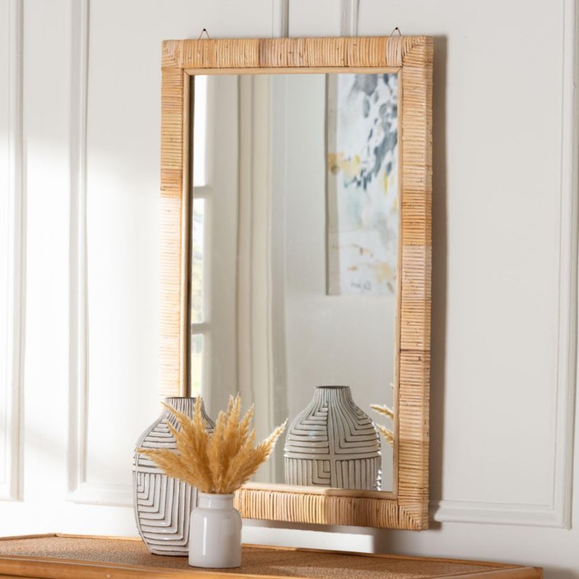 Lankston Bohemian Natural Rattan Rectangle Accent Wall Mirror