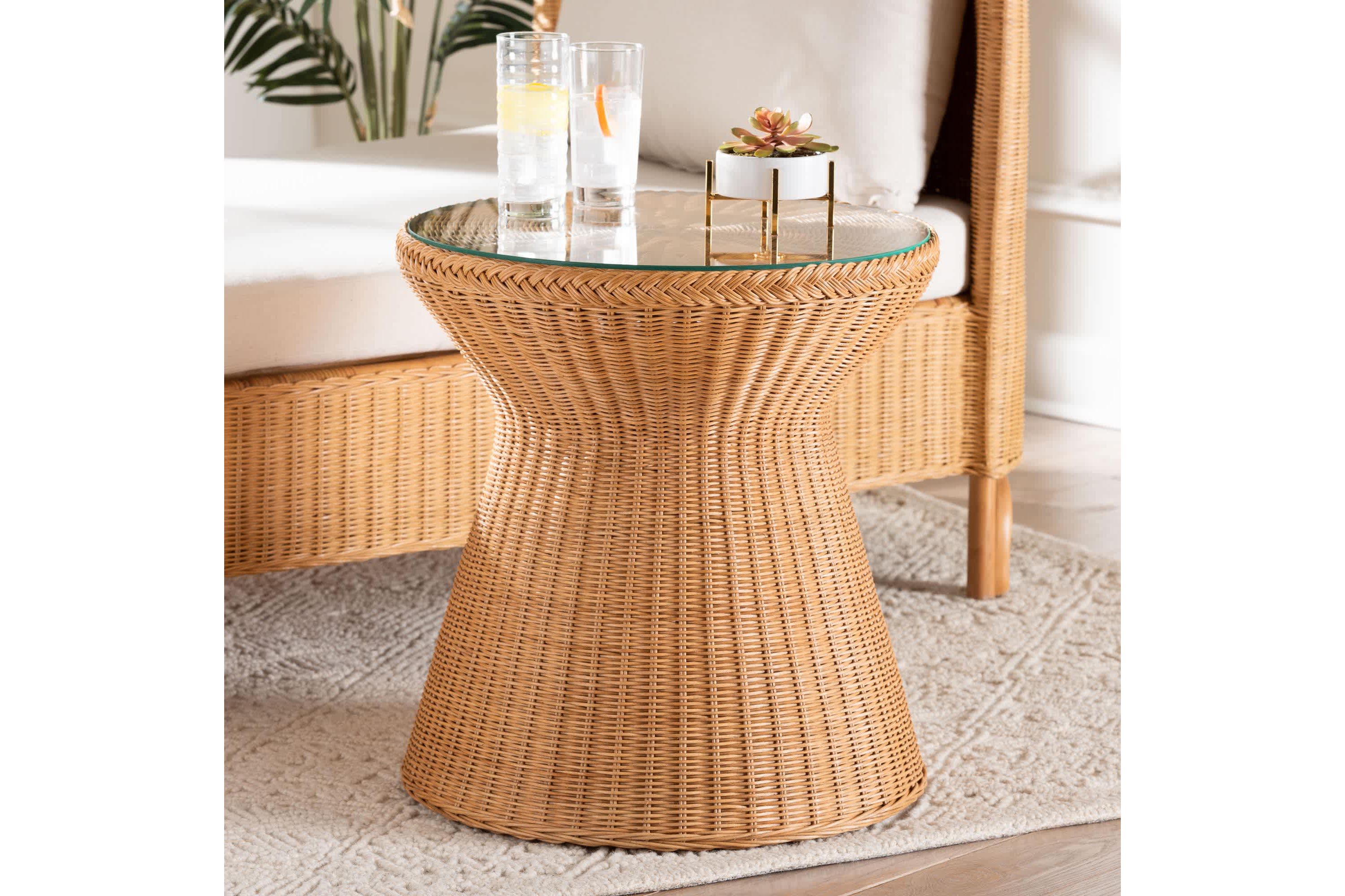 Nina Light Honey Braided Rattan End Table with Glass Tabletop