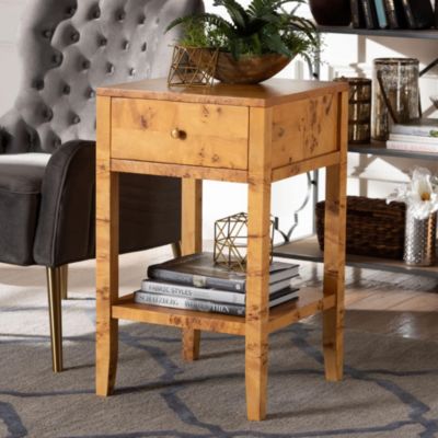 bali & pari Ghina Natural Light Mappa Real Burl Wood 1-Drawer Nightstand