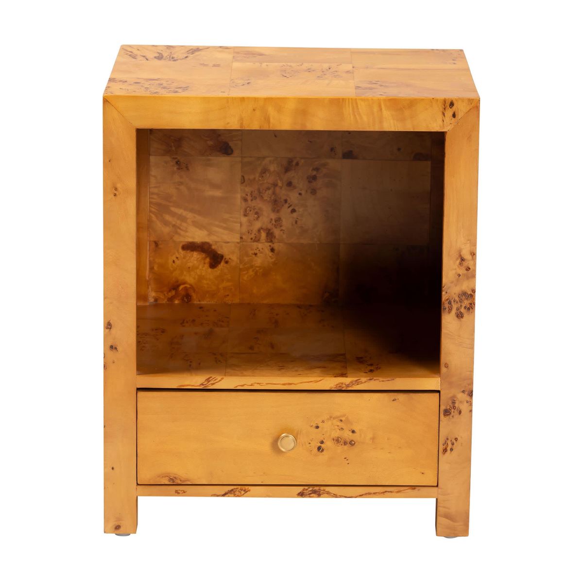 Camira Natural Light Mappa Real Burl Wood 1-Drawer Nightstand