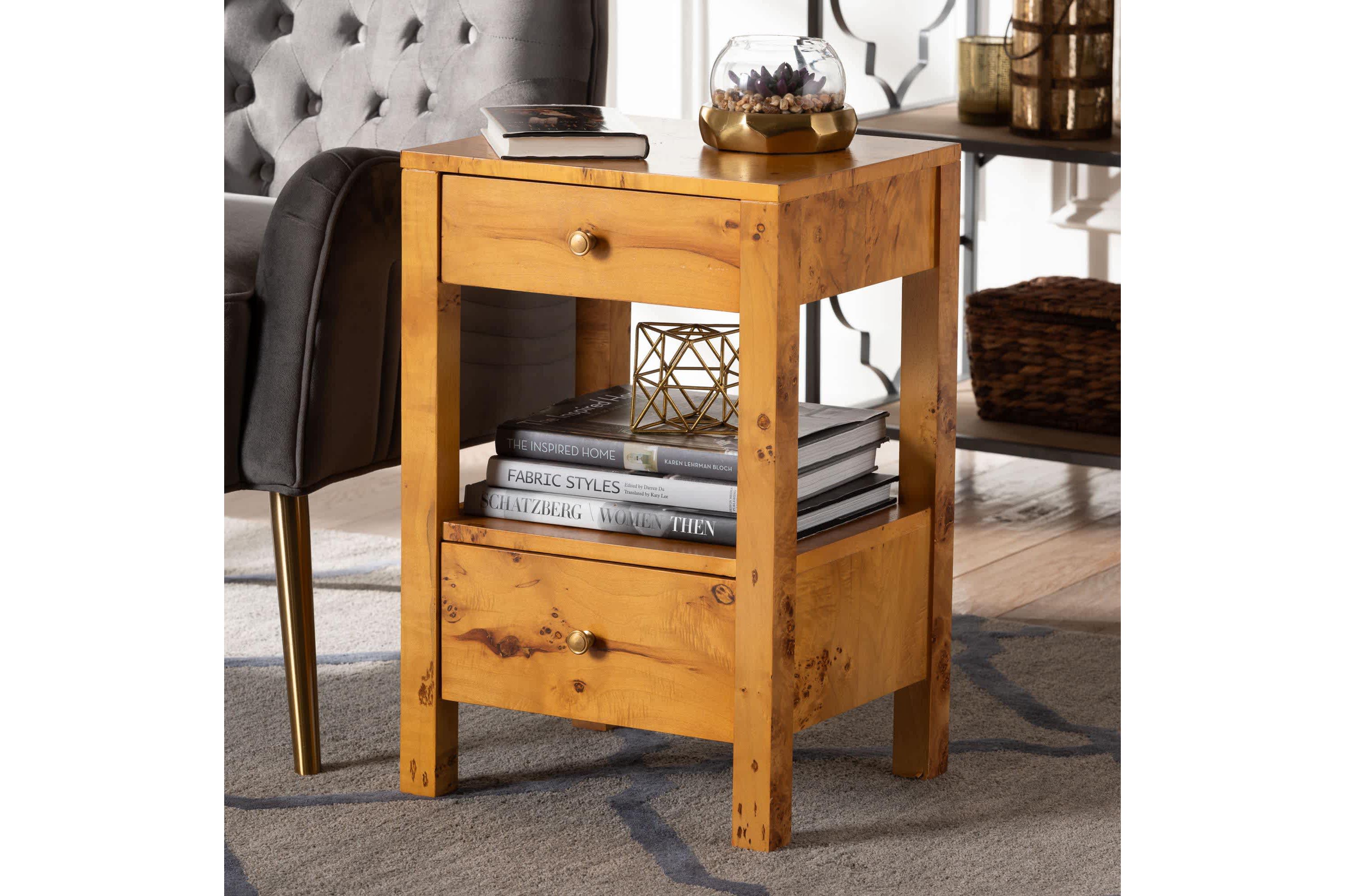 Azmi Natural Light Mappa Real Burl Wood 2-Drawer Nightstand
