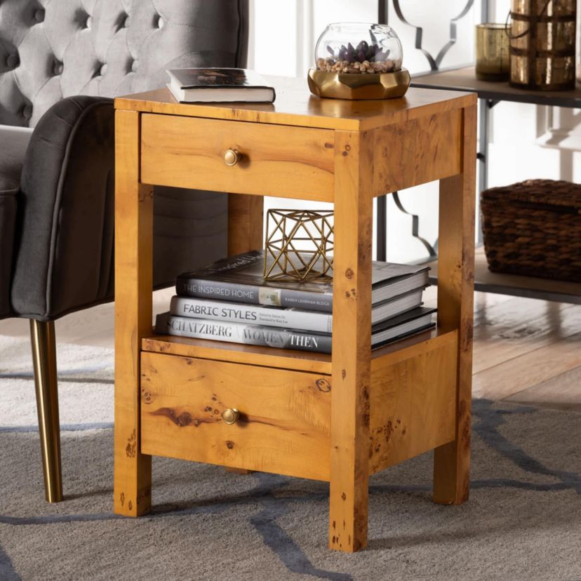 Azmi Natural Light Mappa Real Burl Wood 2-Drawer Nightstand