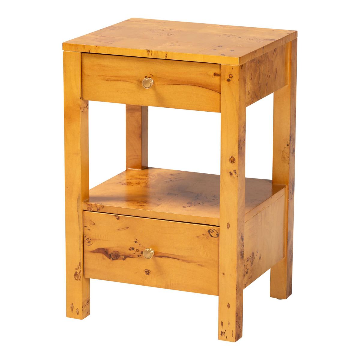 Azmi Natural Light Mappa Real Burl Wood 2-Drawer Nightstand