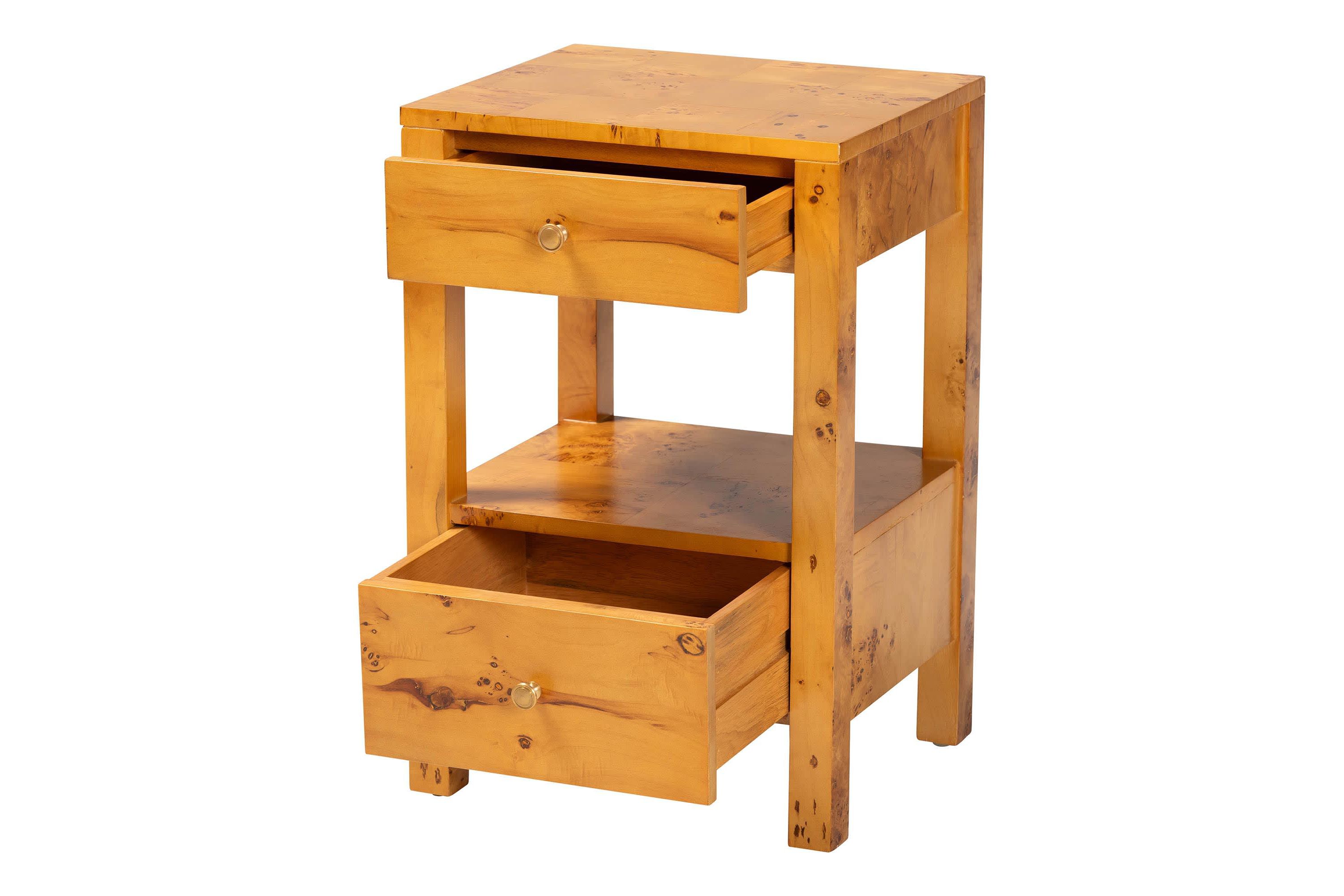 Azmi Natural Light Mappa Real Burl Wood 2-Drawer Nightstand
