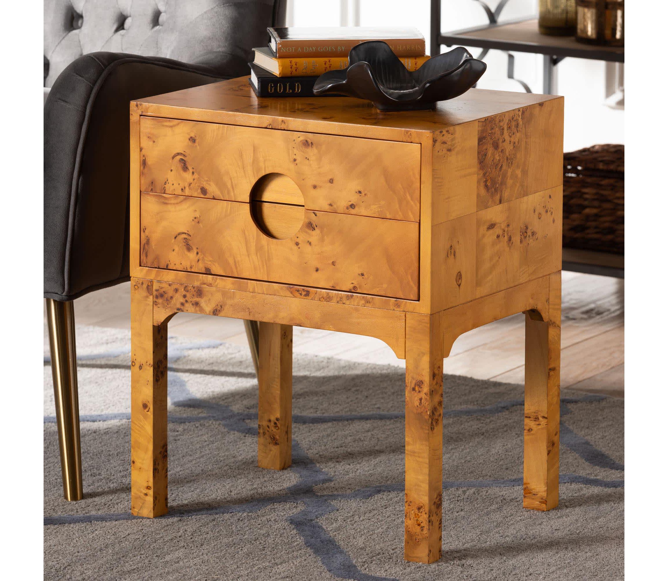 Kayla Natural Light Mappa Real Burl Wood 2-Drawer Nightstand