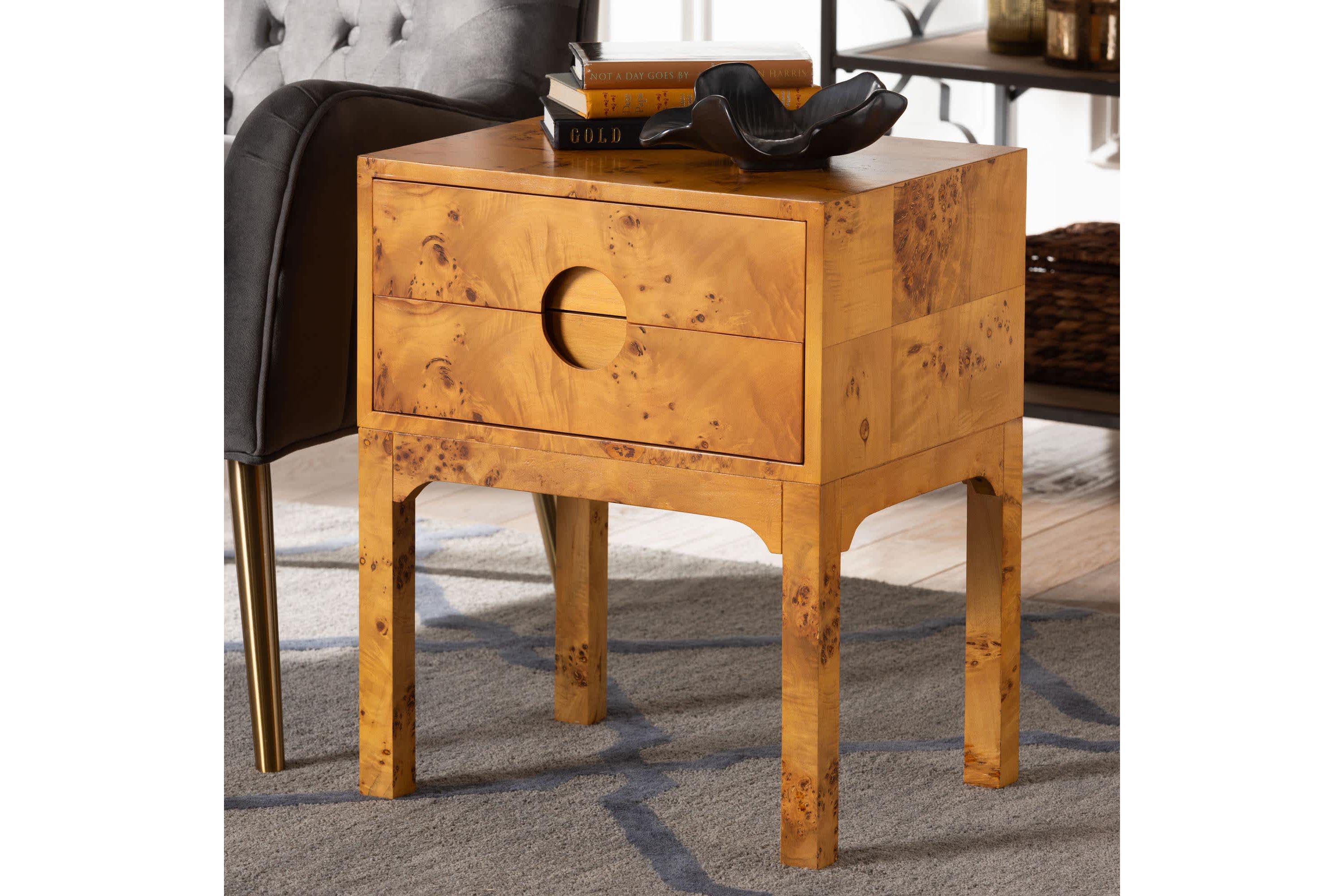 Kayla Natural Light Mappa Real Burl Wood 2-Drawer Nightstand