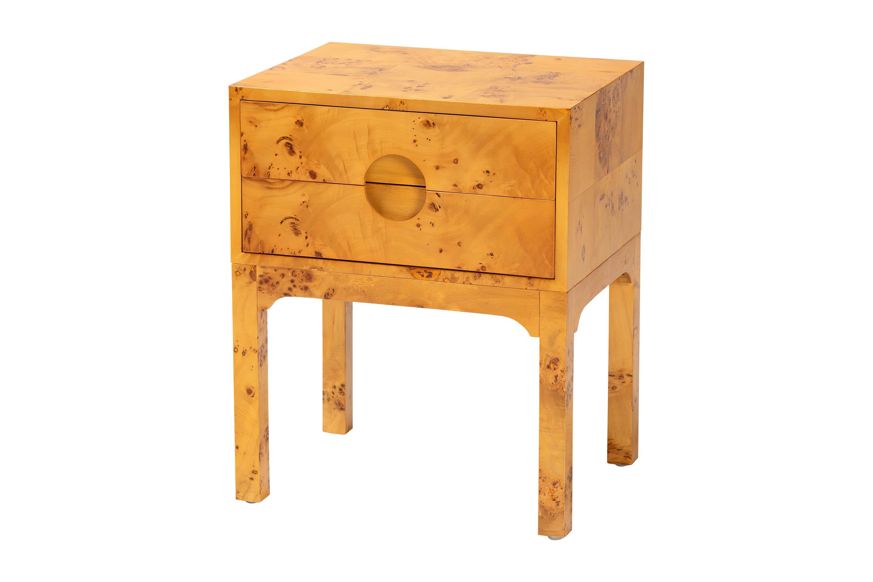 Kayla Natural Light Mappa Real Burl Wood 2-Drawer Nightstand