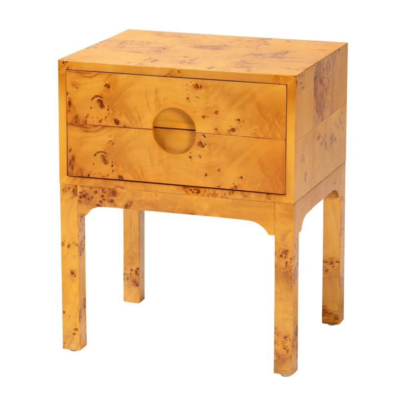 Kayla Natural Light Mappa Real Burl Wood 2-Drawer Nightstand