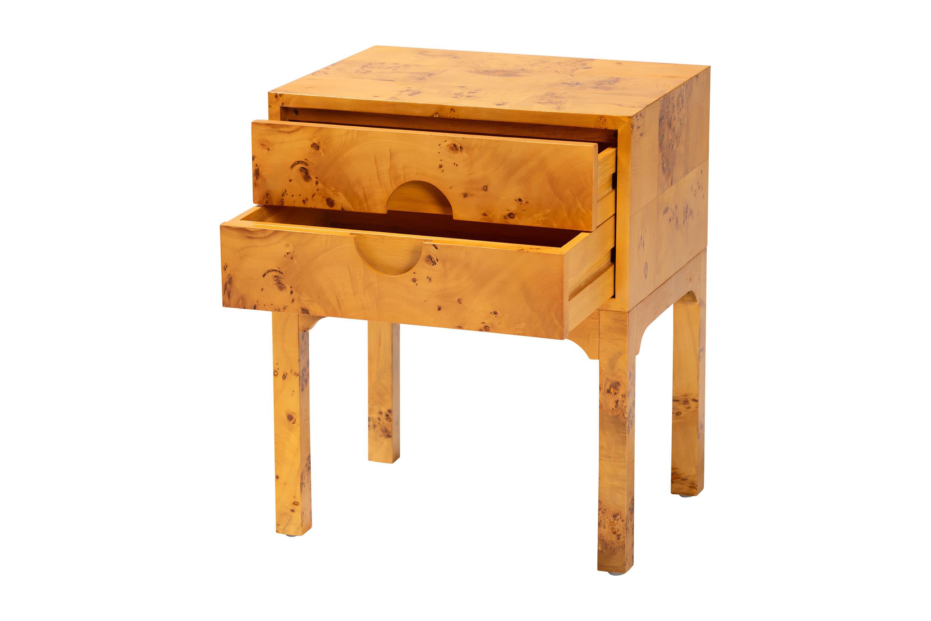 Kayla Natural Light Mappa Real Burl Wood 2-Drawer Nightstand