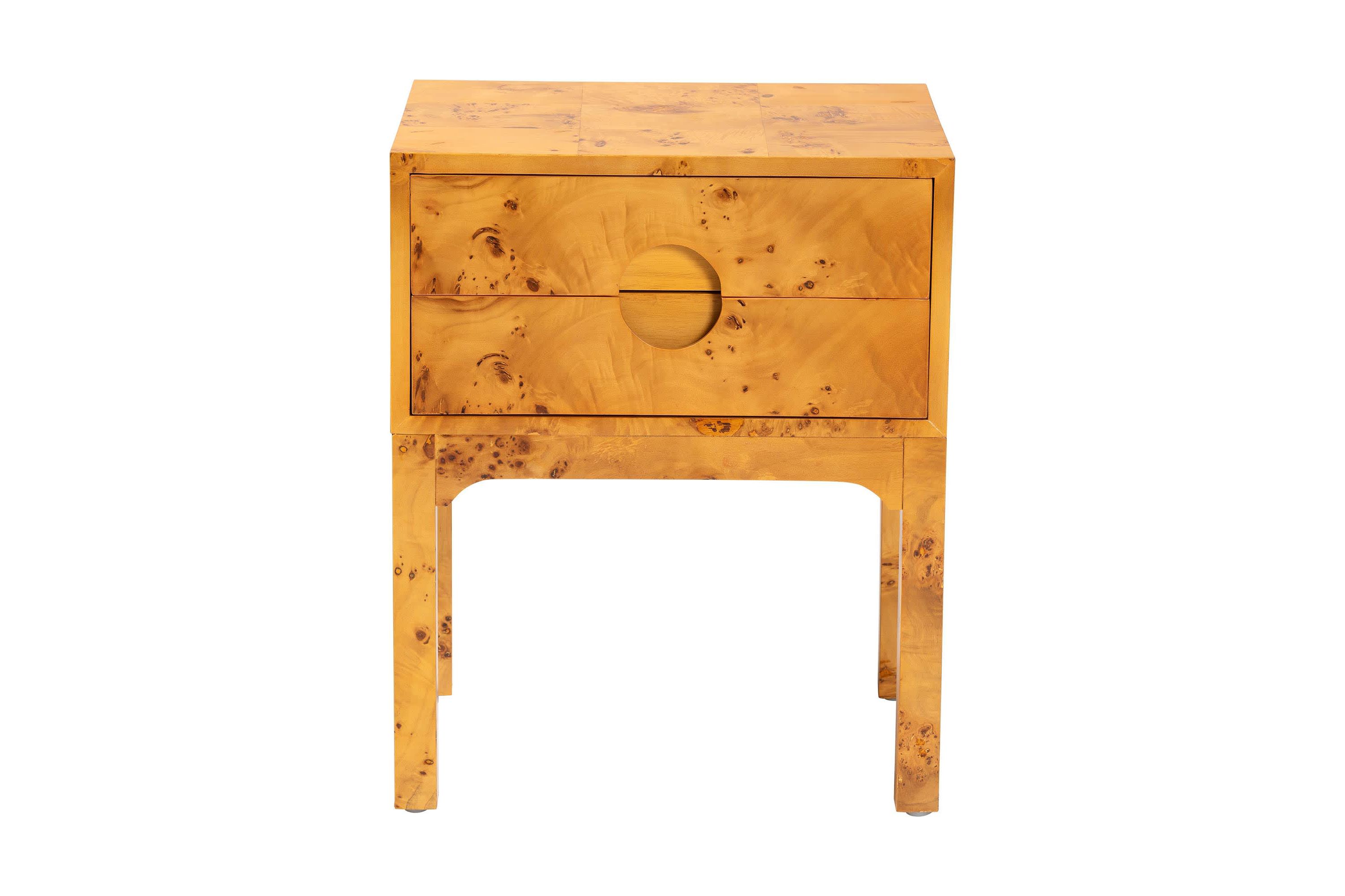 Kayla Natural Light Mappa Real Burl Wood 2-Drawer Nightstand