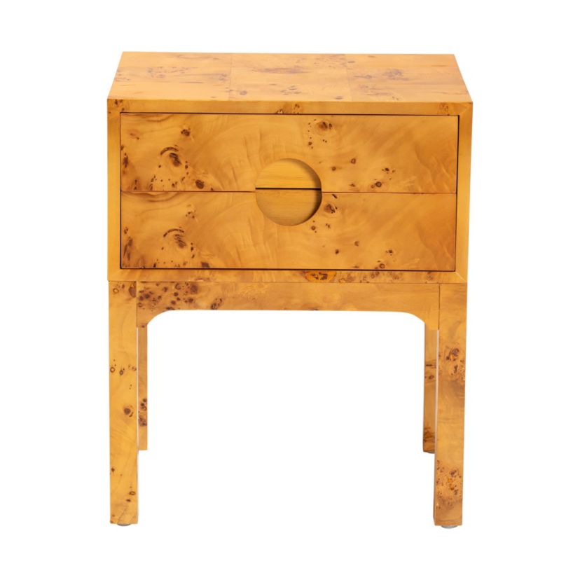 Kayla Natural Light Mappa Real Burl Wood 2-Drawer Nightstand