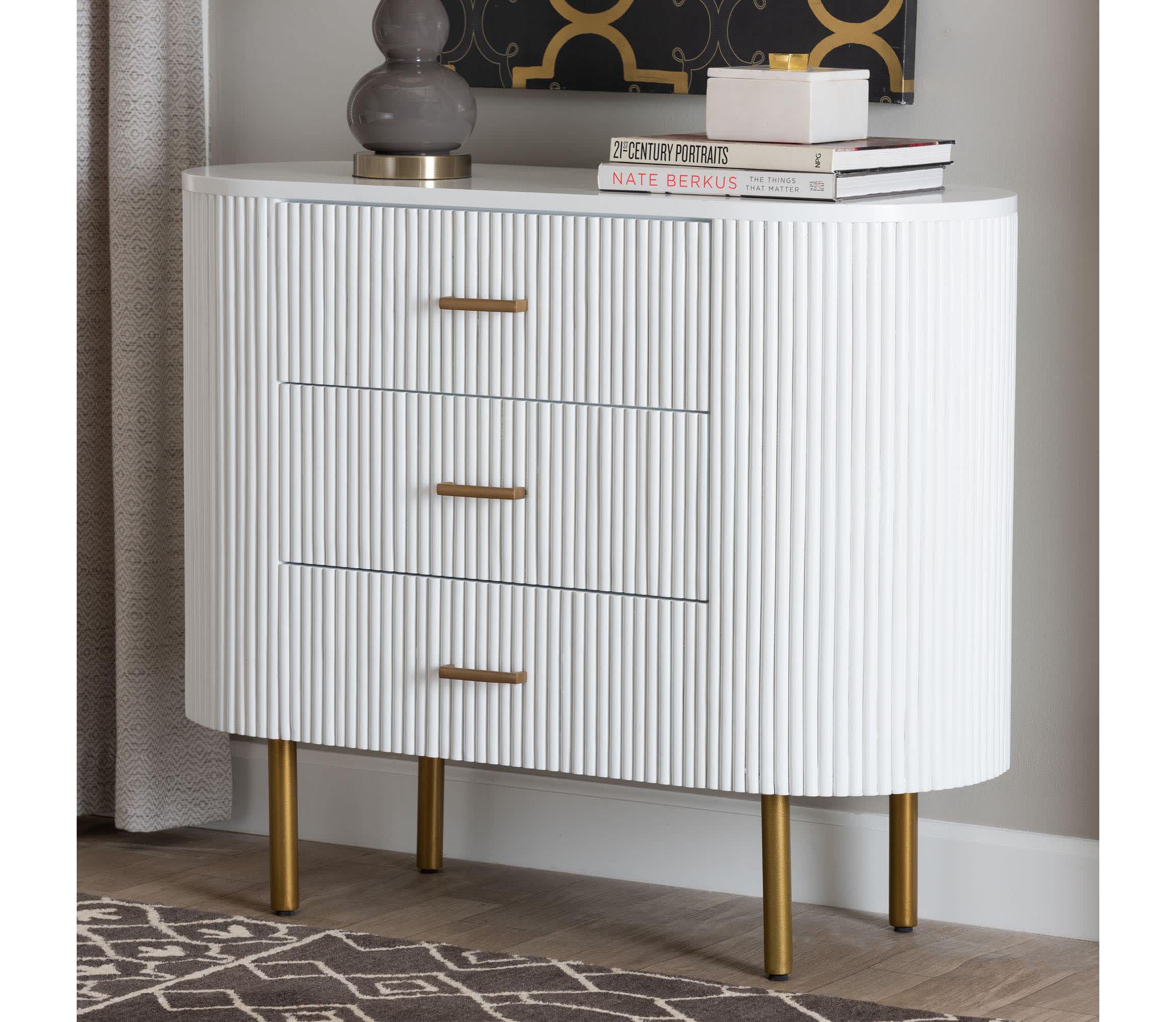 Beyla White Fluted Wood and Gold Metal 3-Drawer Dresser