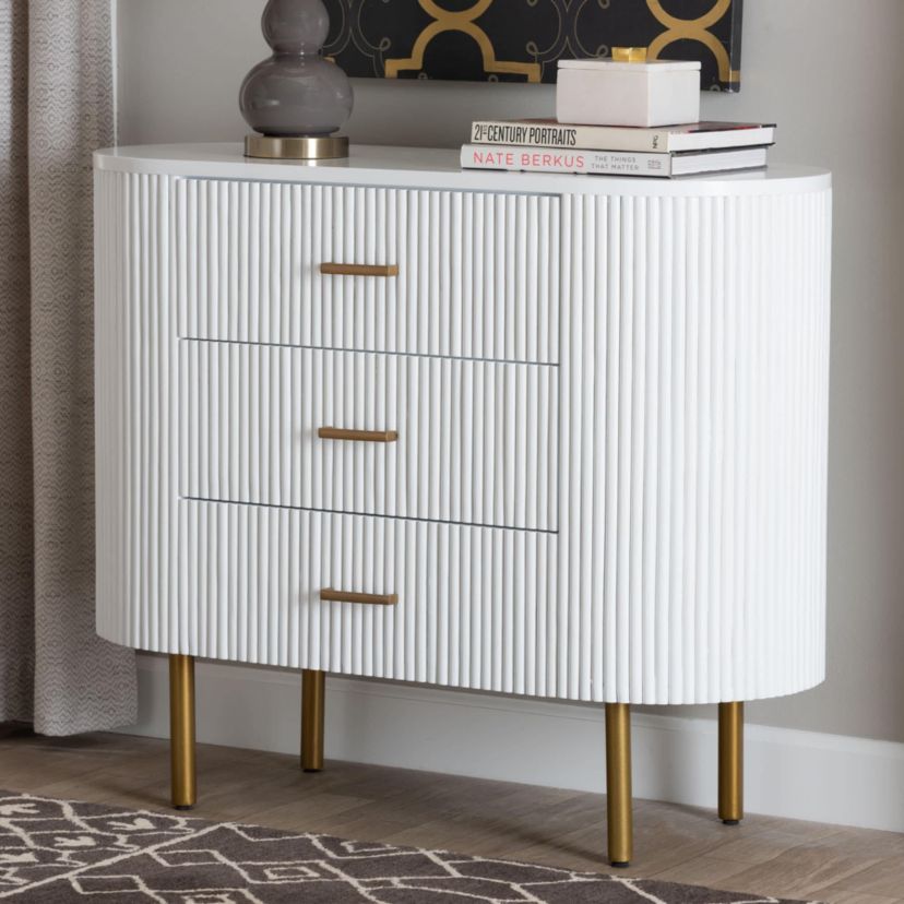 Beyla White Fluted Wood and Gold Metal 3-Drawer Dresser