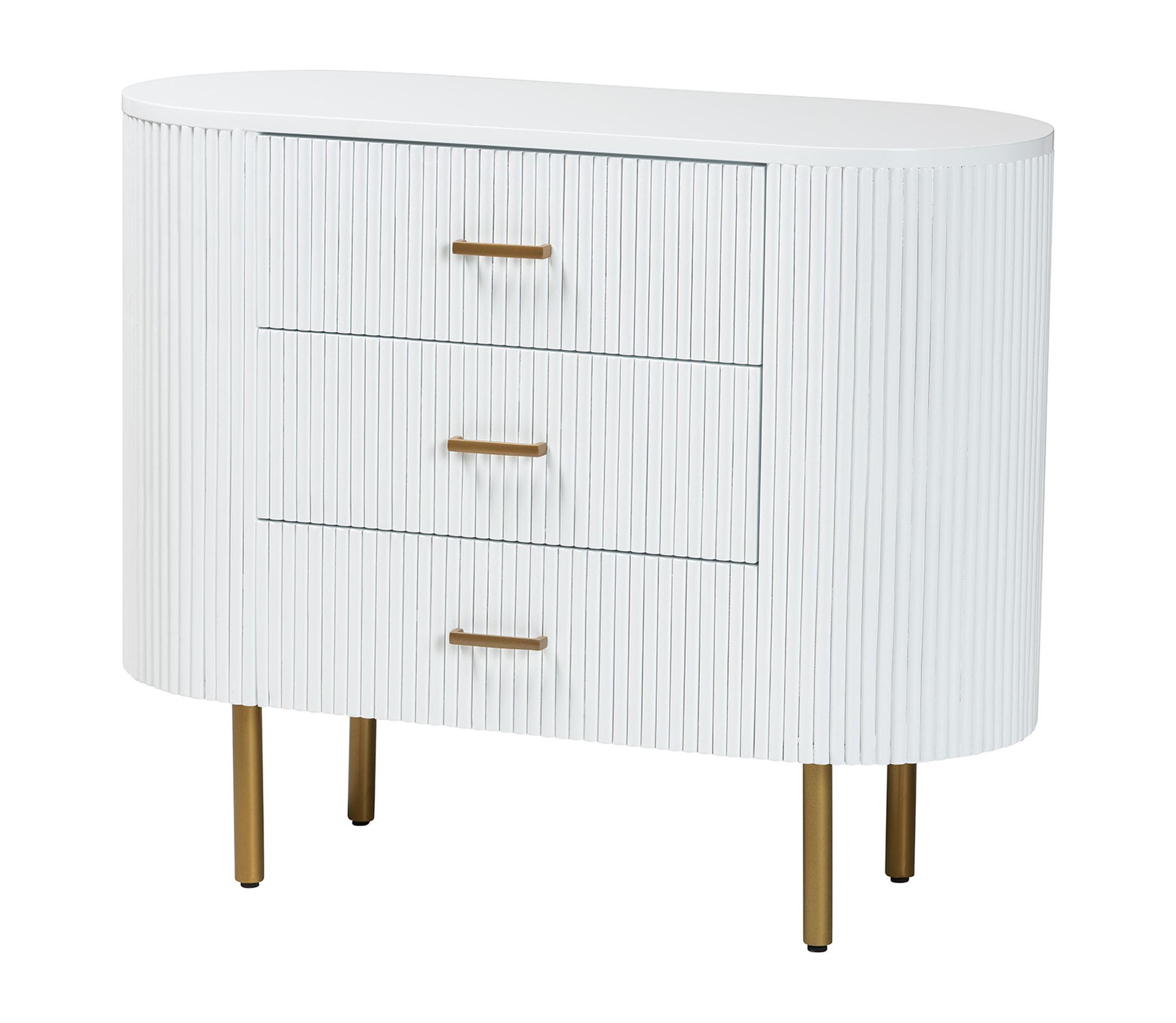 Beyla White Fluted Wood and Gold Metal 3-Drawer Dresser