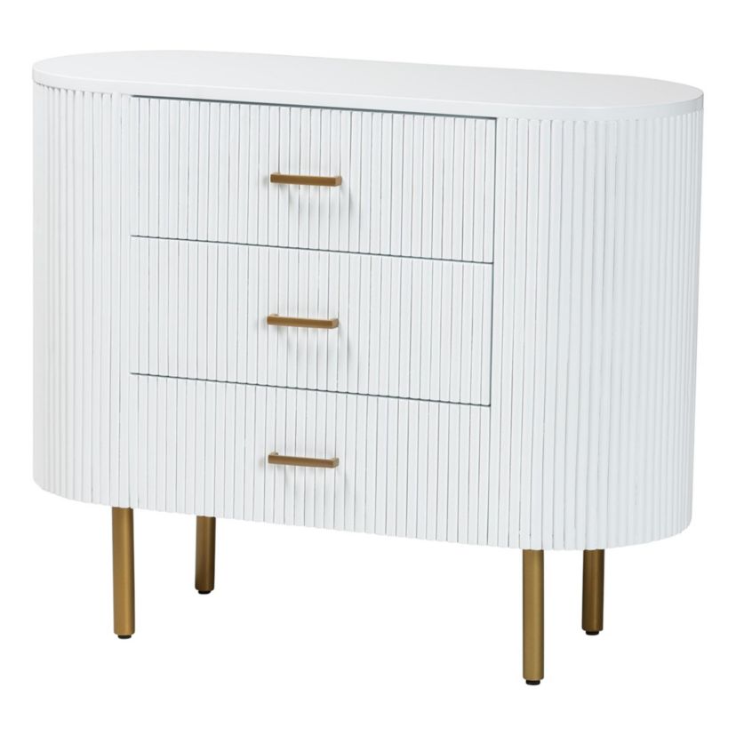 Beyla White Fluted Wood and Gold Metal 3-Drawer Dresser