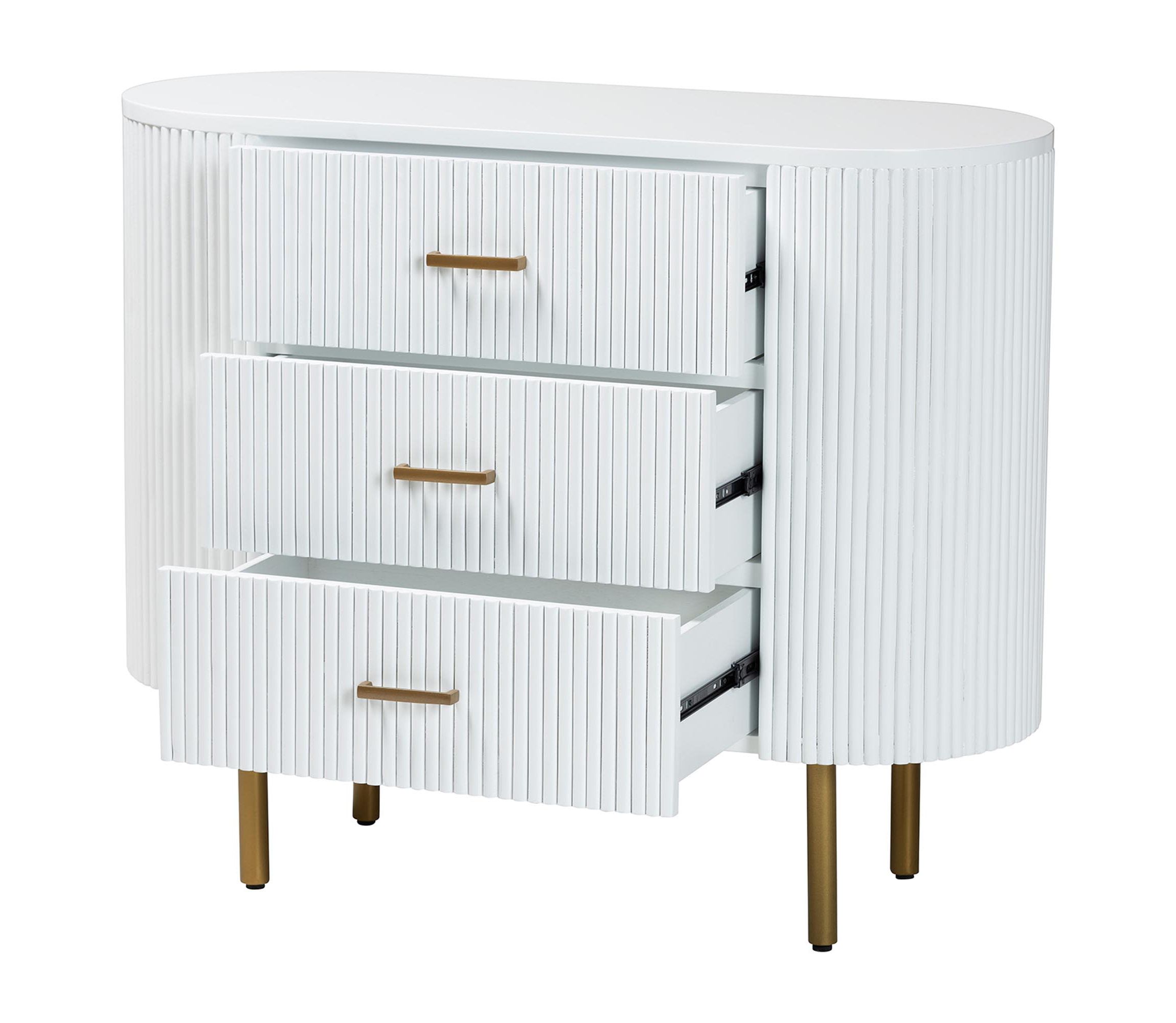 Beyla White Fluted Wood and Gold Metal 3-Drawer Dresser