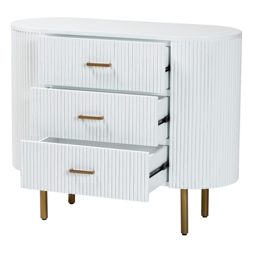 Beyla White Fluted Wood and Gold Metal 3-Drawer Dresser