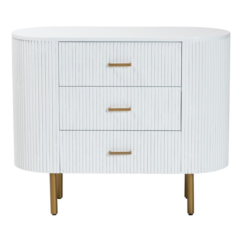 Beyla White Fluted Wood and Gold Metal 3-Drawer Dresser