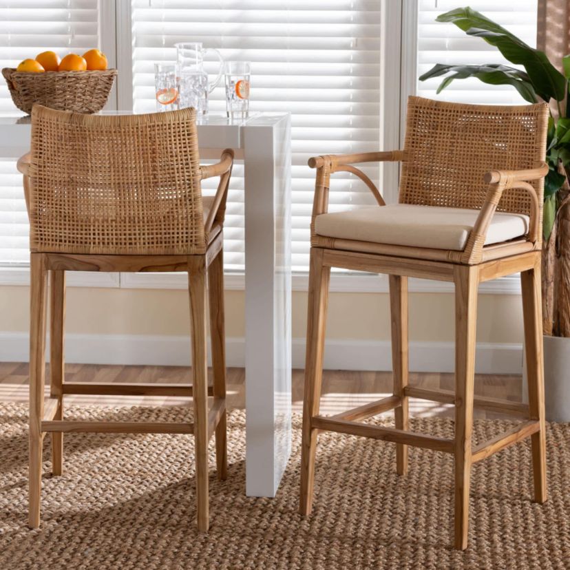 Storsel Natural Rattan and Teak Wood 2-Piece Bar Stool Set
