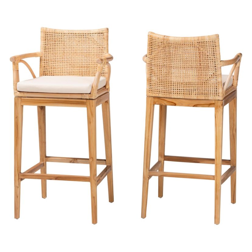 Storsel Natural Rattan and Teak Wood 2-Piece Bar Stool Set