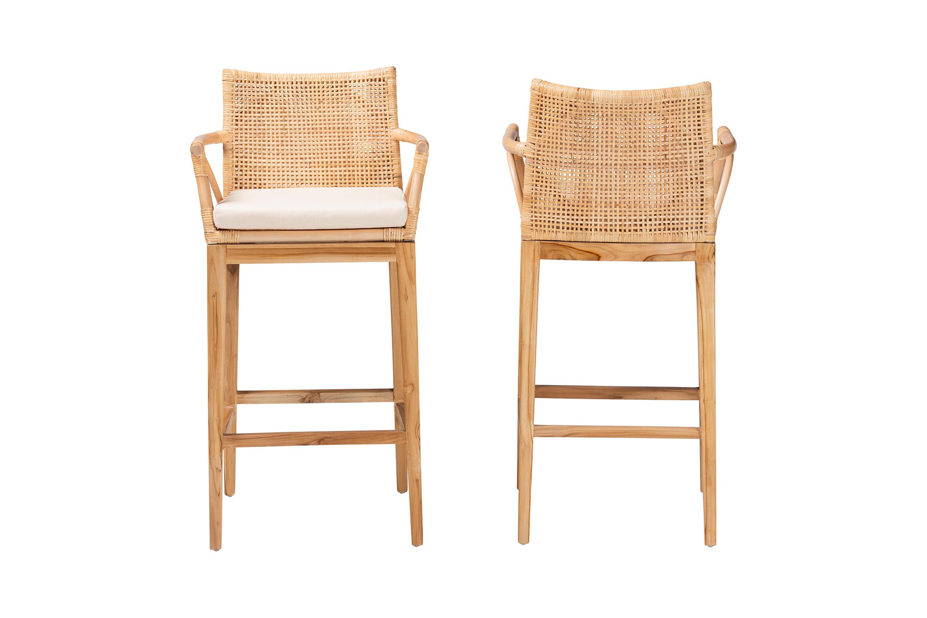Storsel Natural Rattan and Teak Wood 2-Piece Bar Stool Set