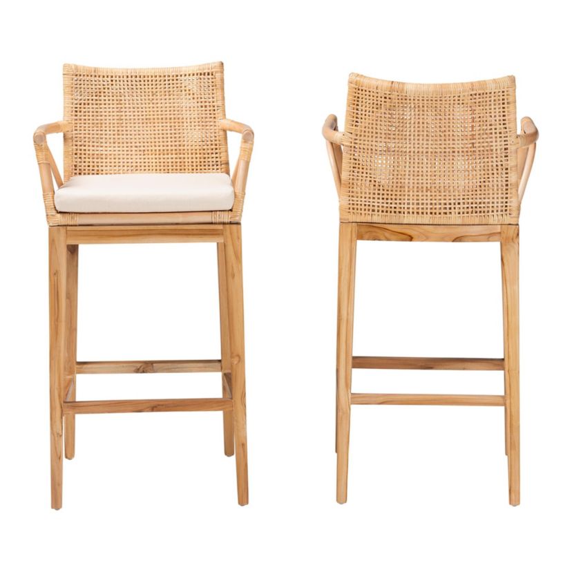 Storsel Natural Rattan and Teak Wood 2-Piece Bar Stool Set
