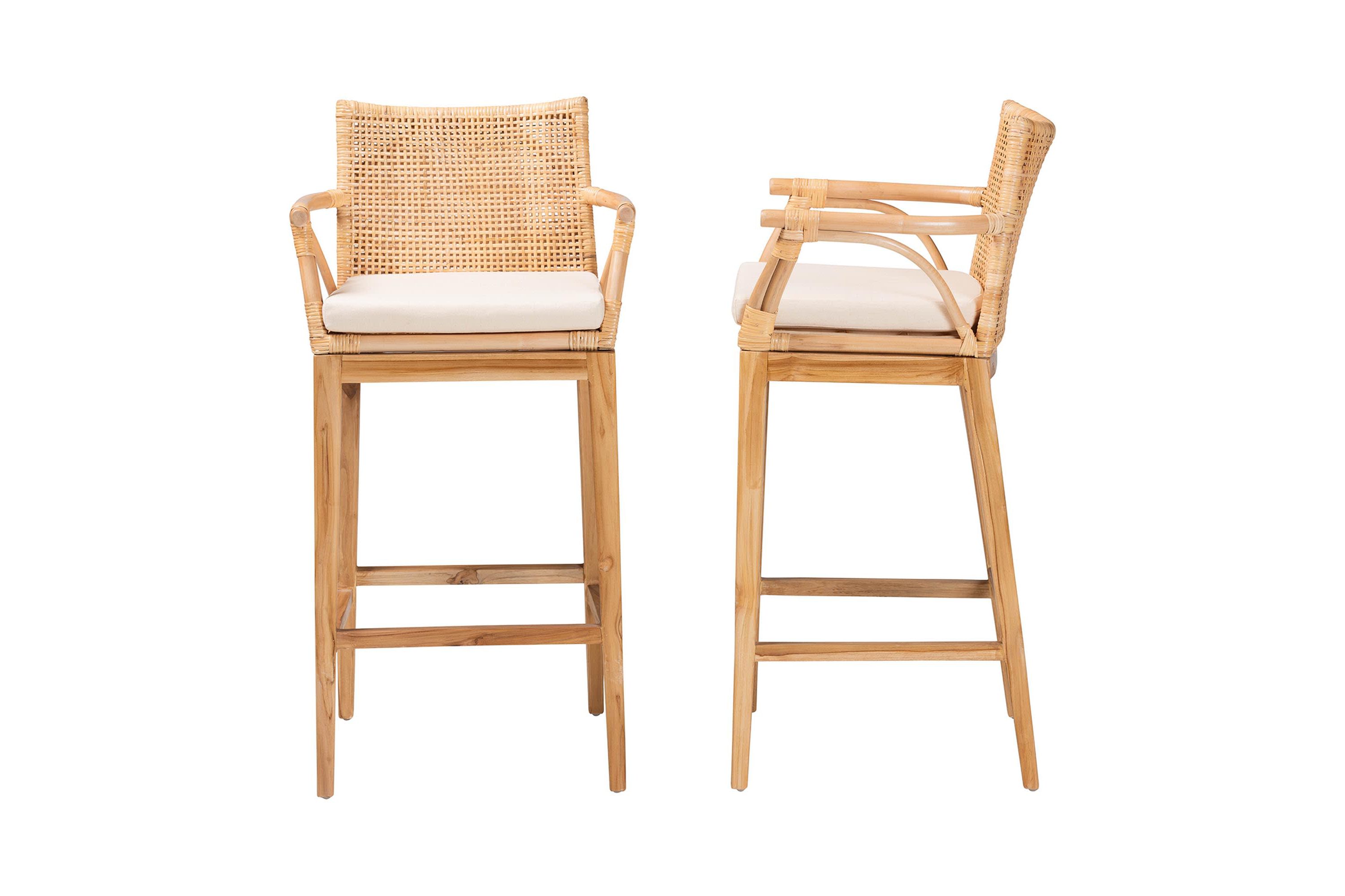 Storsel Natural Rattan and Teak Wood 2-Piece Bar Stool Set
