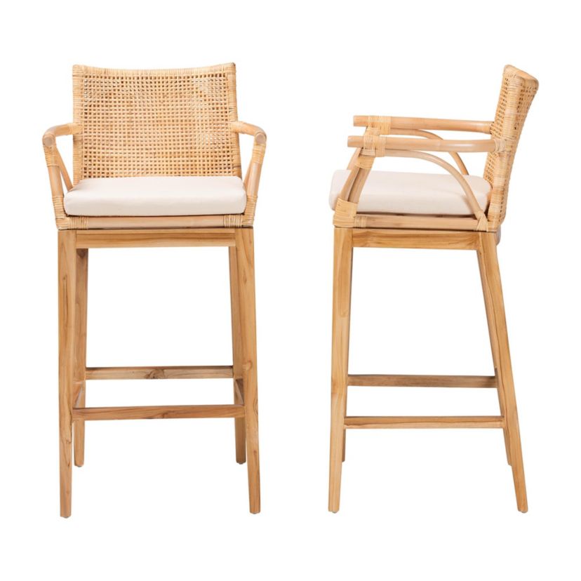 Storsel Natural Rattan and Teak Wood 2-Piece Bar Stool Set