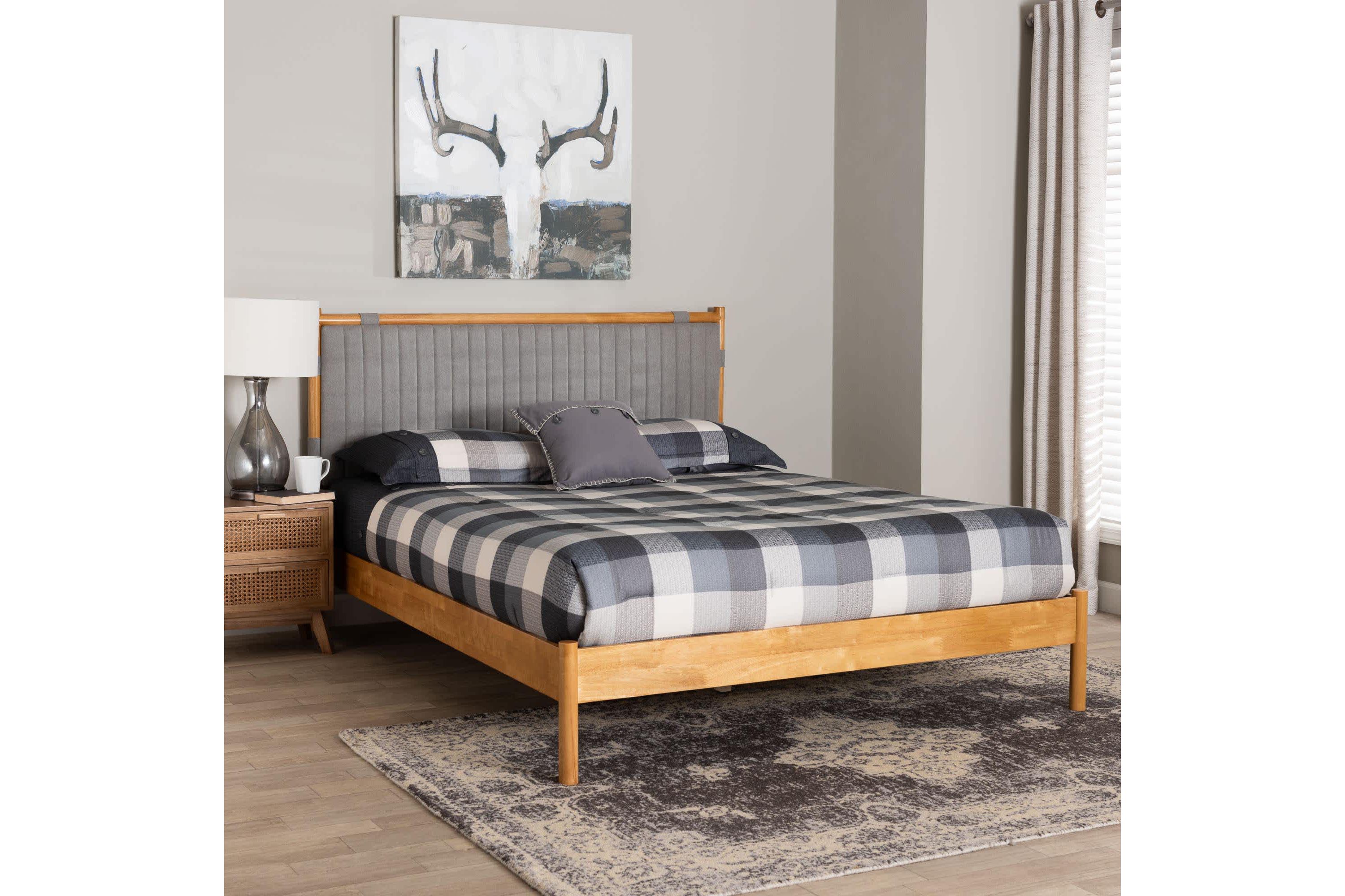 Jaiana Grey Fabric and Oak Brown Wood Queen Bed