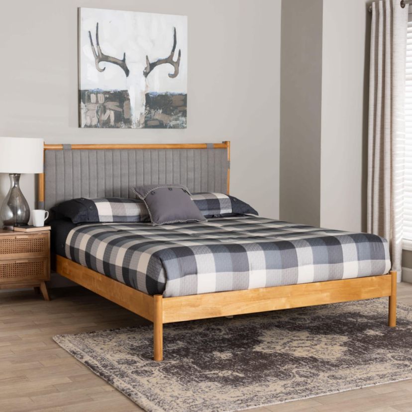 Jaiana Grey Fabric and Oak Brown Wood Queen Bed