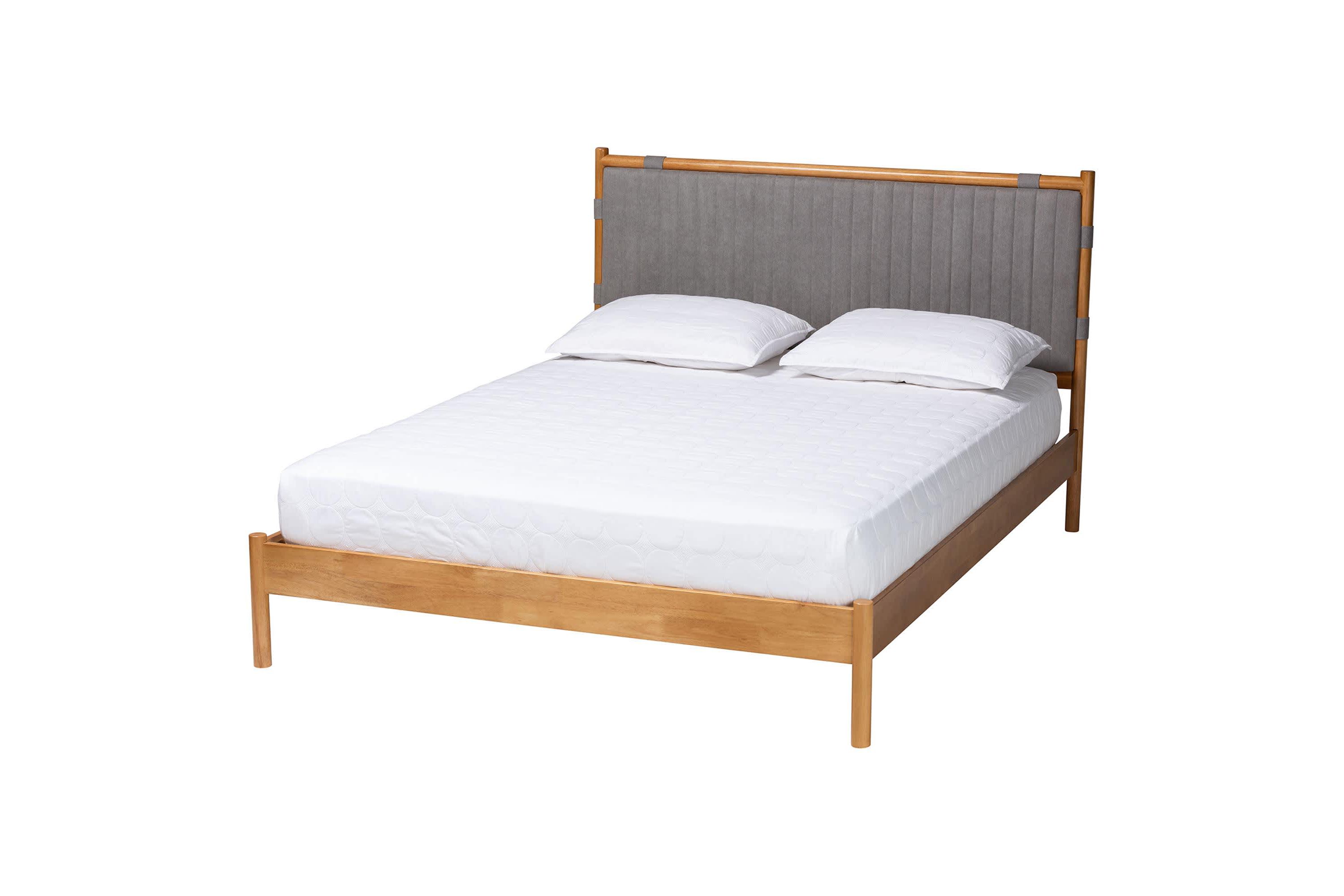 Jaiana Grey Fabric and Oak Brown Wood Queen Bed