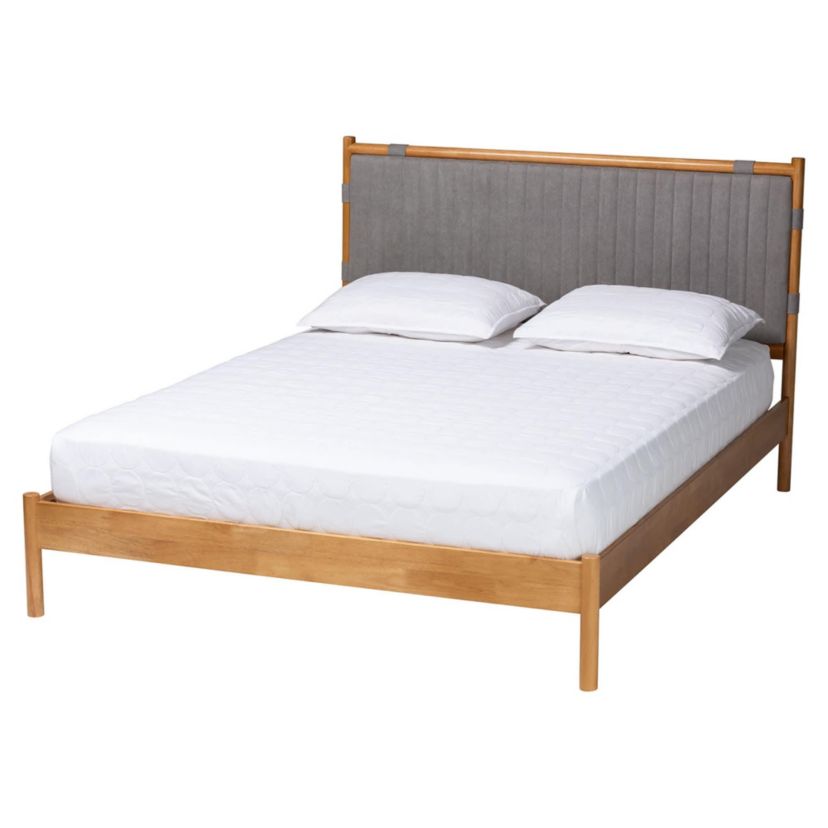 Jaiana Grey Fabric and Oak Brown Wood Queen Bed