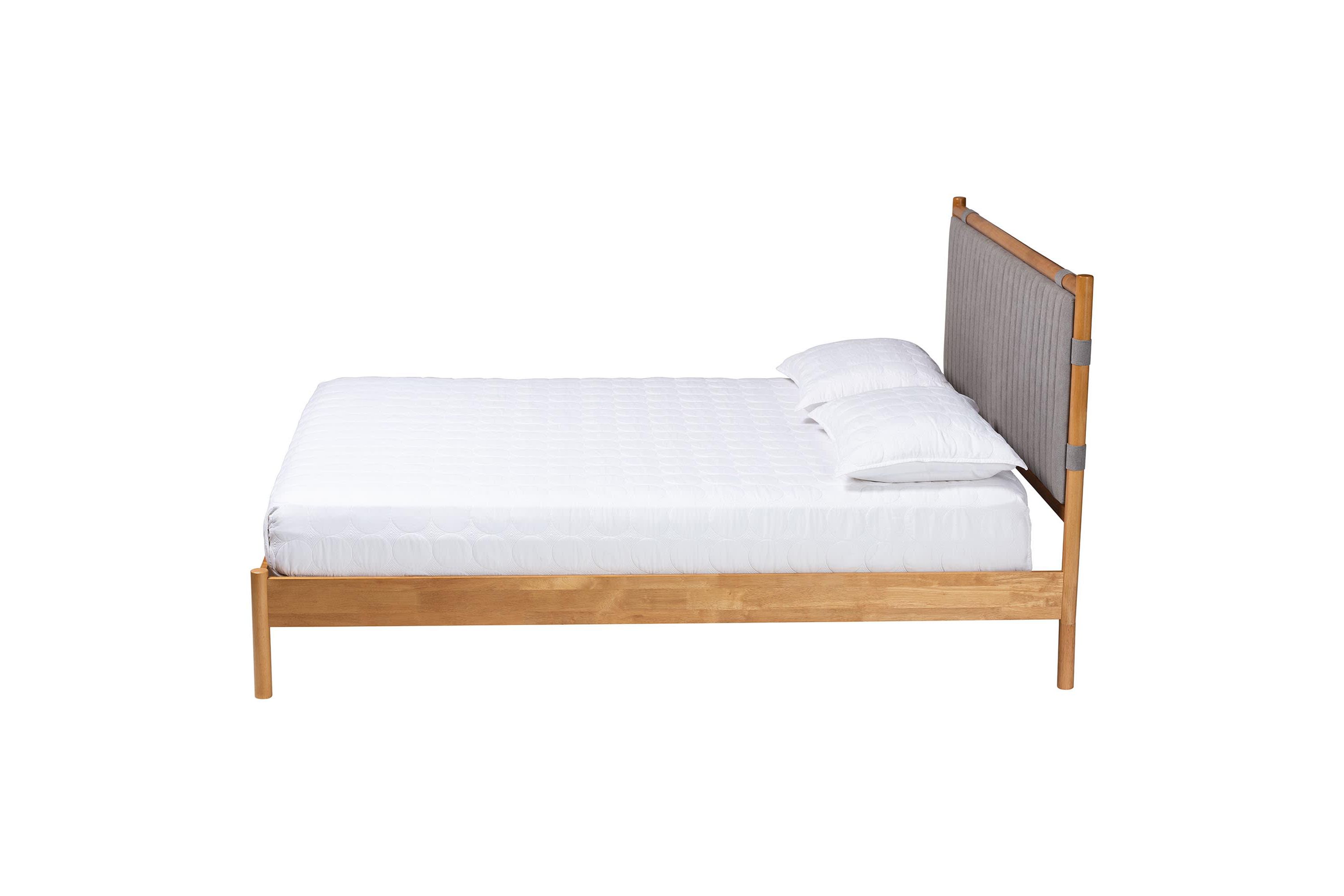 Jaiana Grey Fabric and Oak Brown Wood Queen Bed