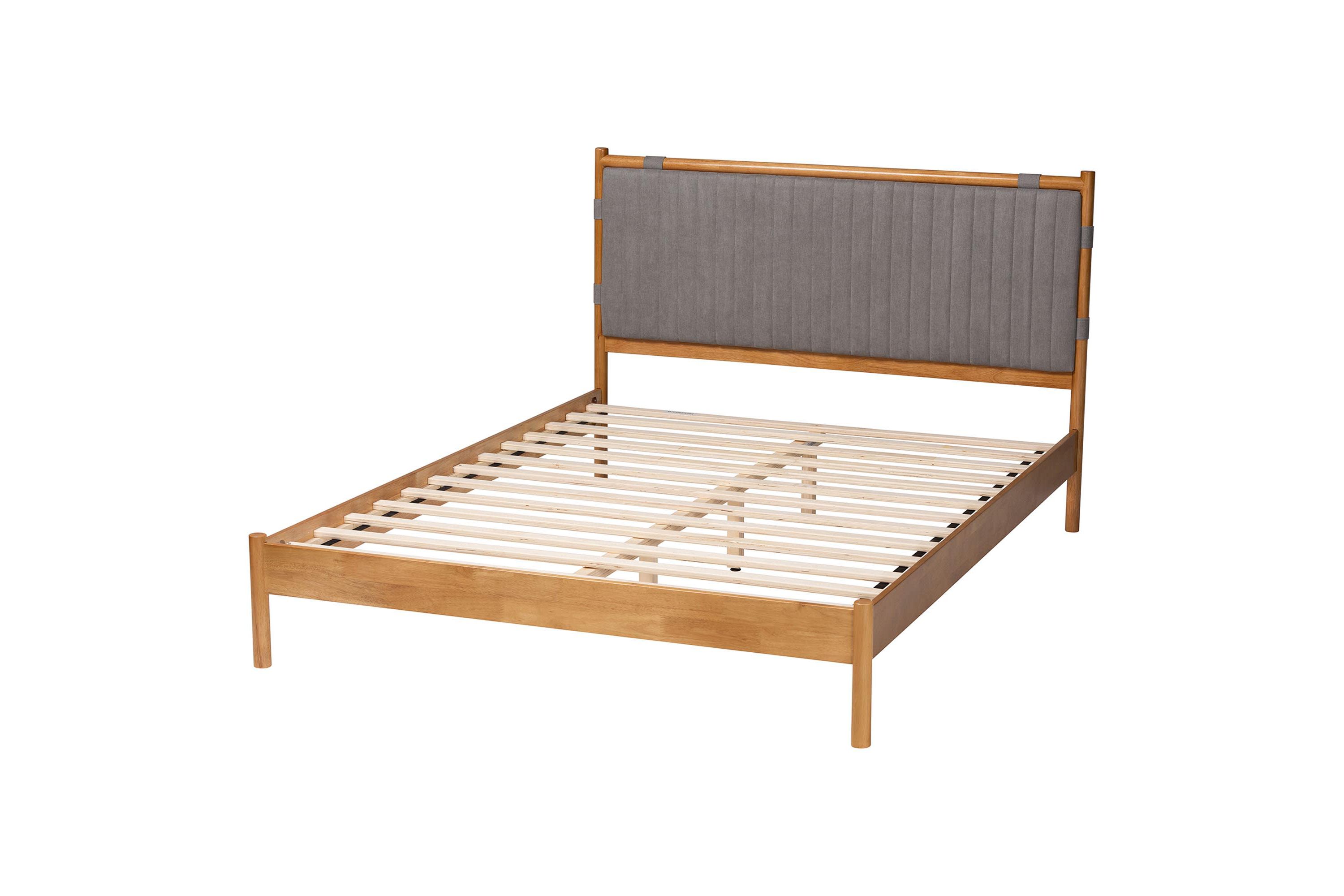 Jaiana Grey Fabric and Oak Brown Wood Queen Bed
