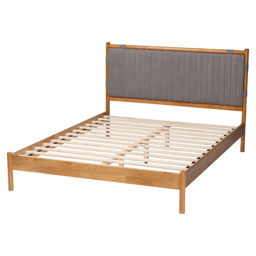 Jaiana Grey Fabric and Oak Brown Wood Queen Bed