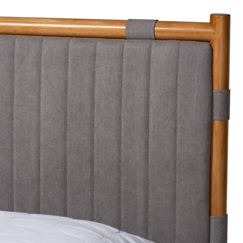 Jaiana Grey Fabric and Oak Brown Wood Queen Bed