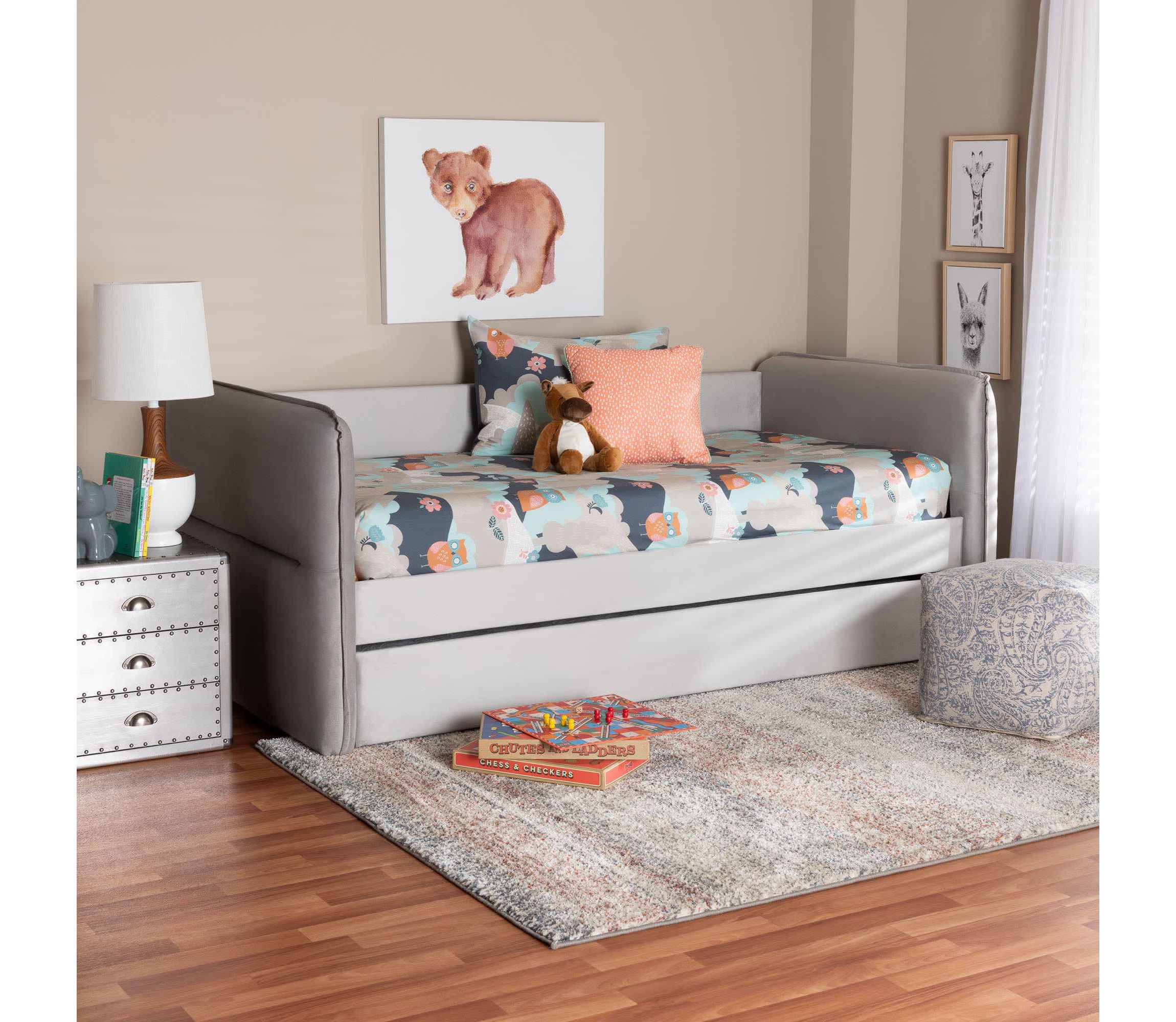 Finch Light Grey Velvet Fabric Twin Daybed with Trundle