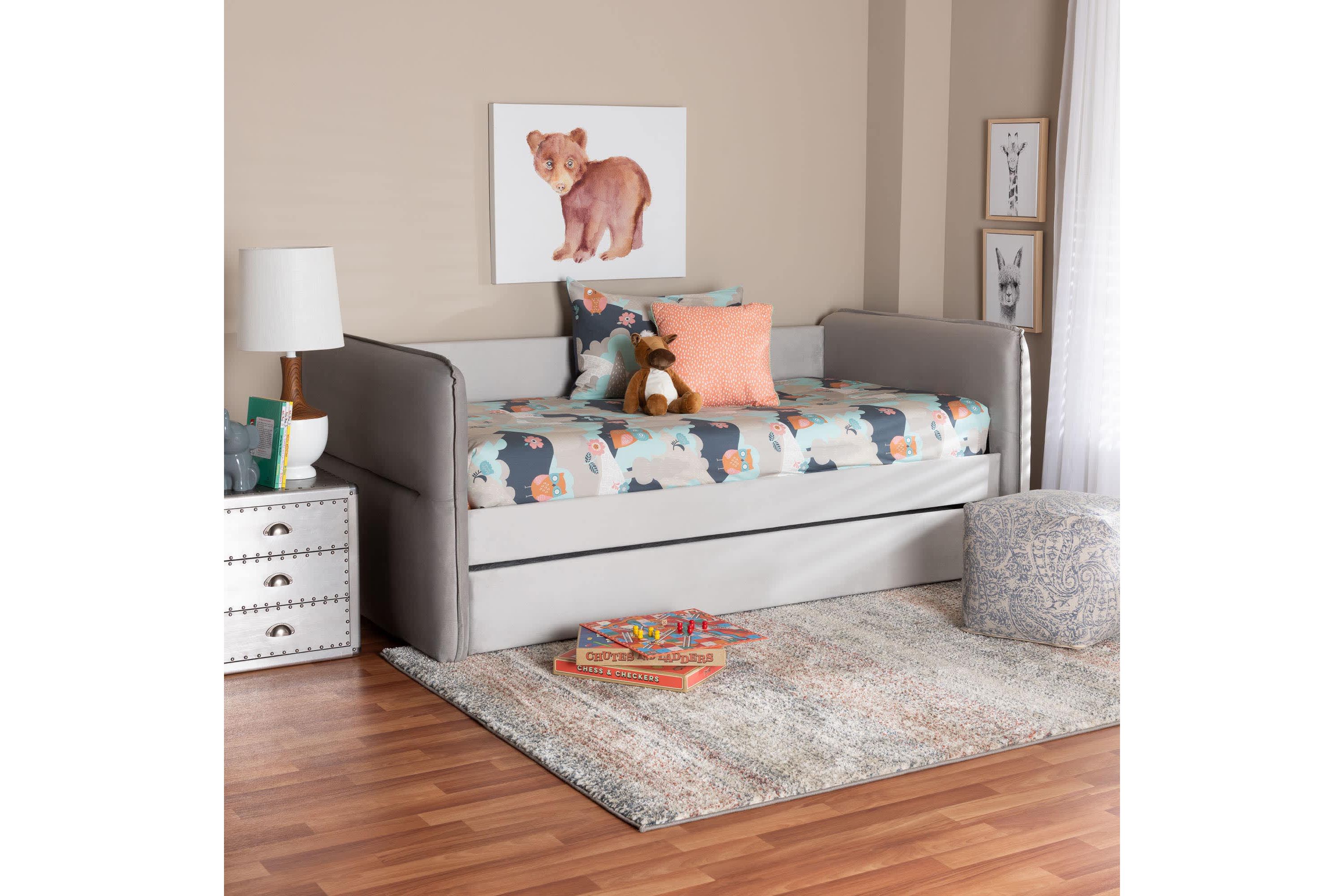 Finch Light Grey Velvet Fabric Twin Daybed with Trundle