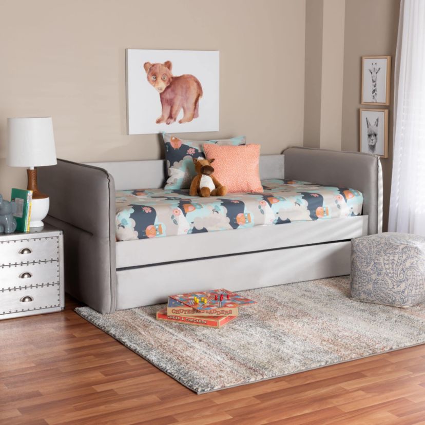 Finch Light Grey Velvet Fabric Twin Daybed with Trundle