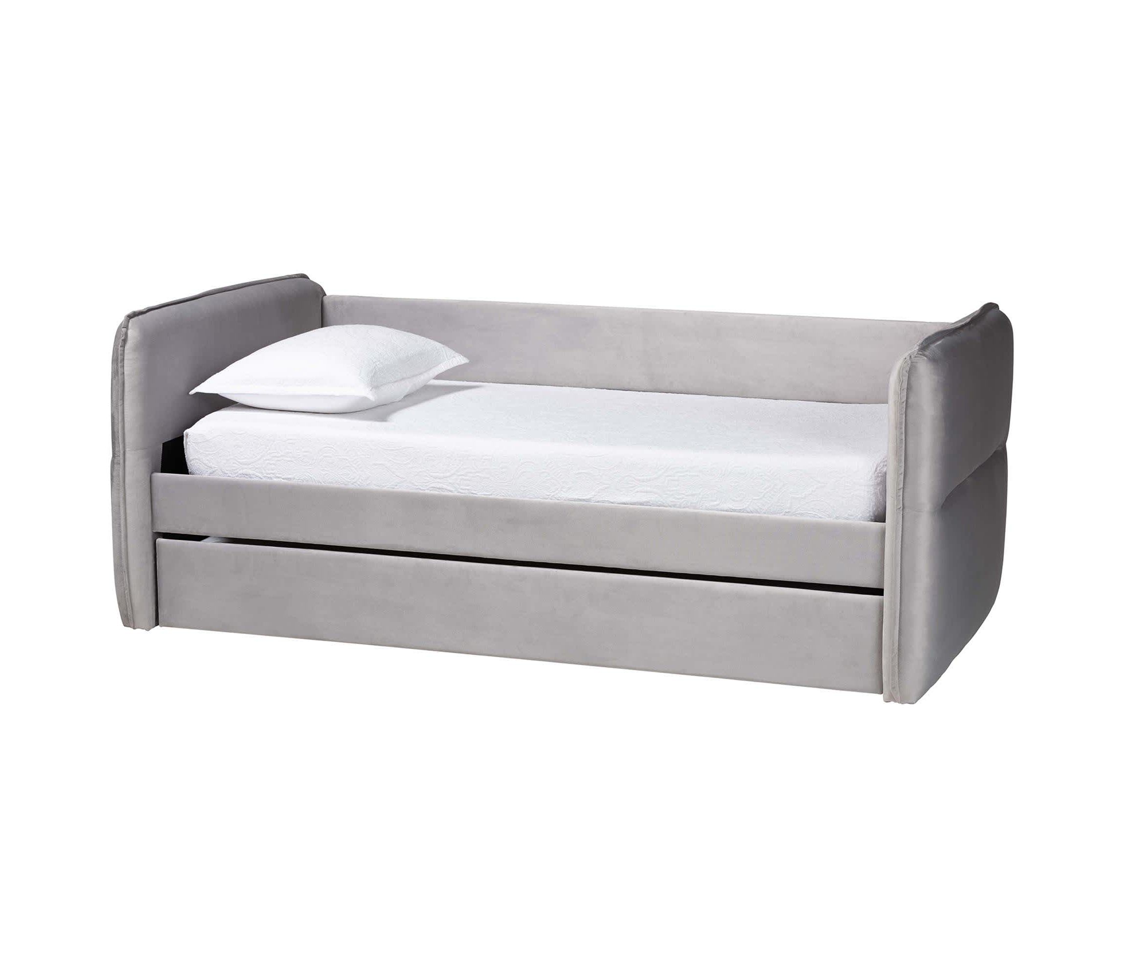 Finch Light Grey Velvet Fabric Twin Daybed with Trundle