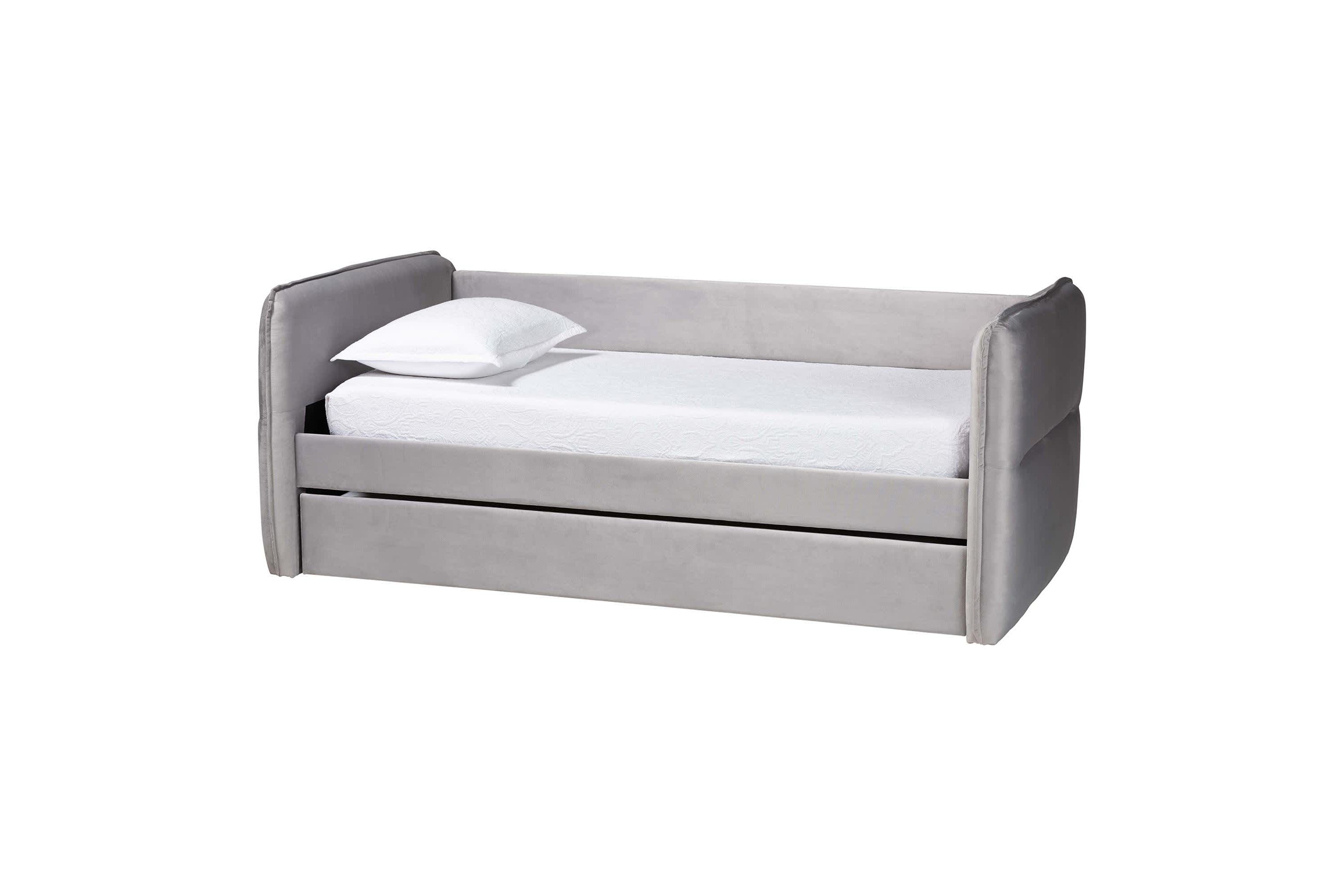 Finch Light Grey Velvet Fabric Twin Daybed with Trundle